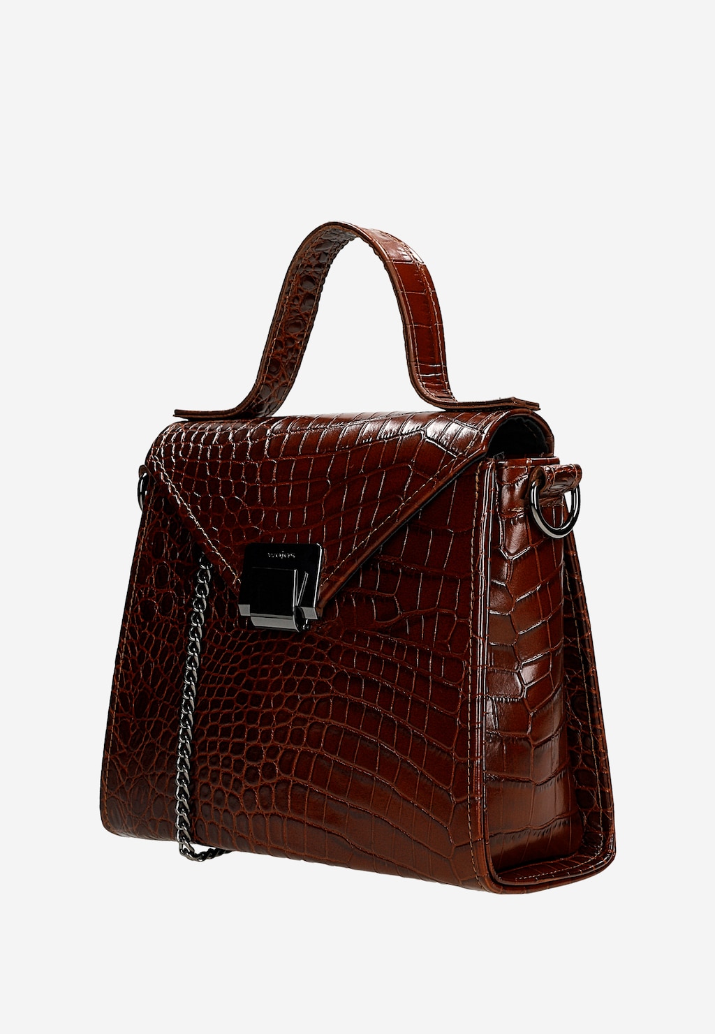 Elegancka brązowa torebka damska Wojas model 80406-52 wykonana z tłoczonej skóry o fakturze krokodyla, z metalowym zapięciem i łańcuszkiem, widok z boku.