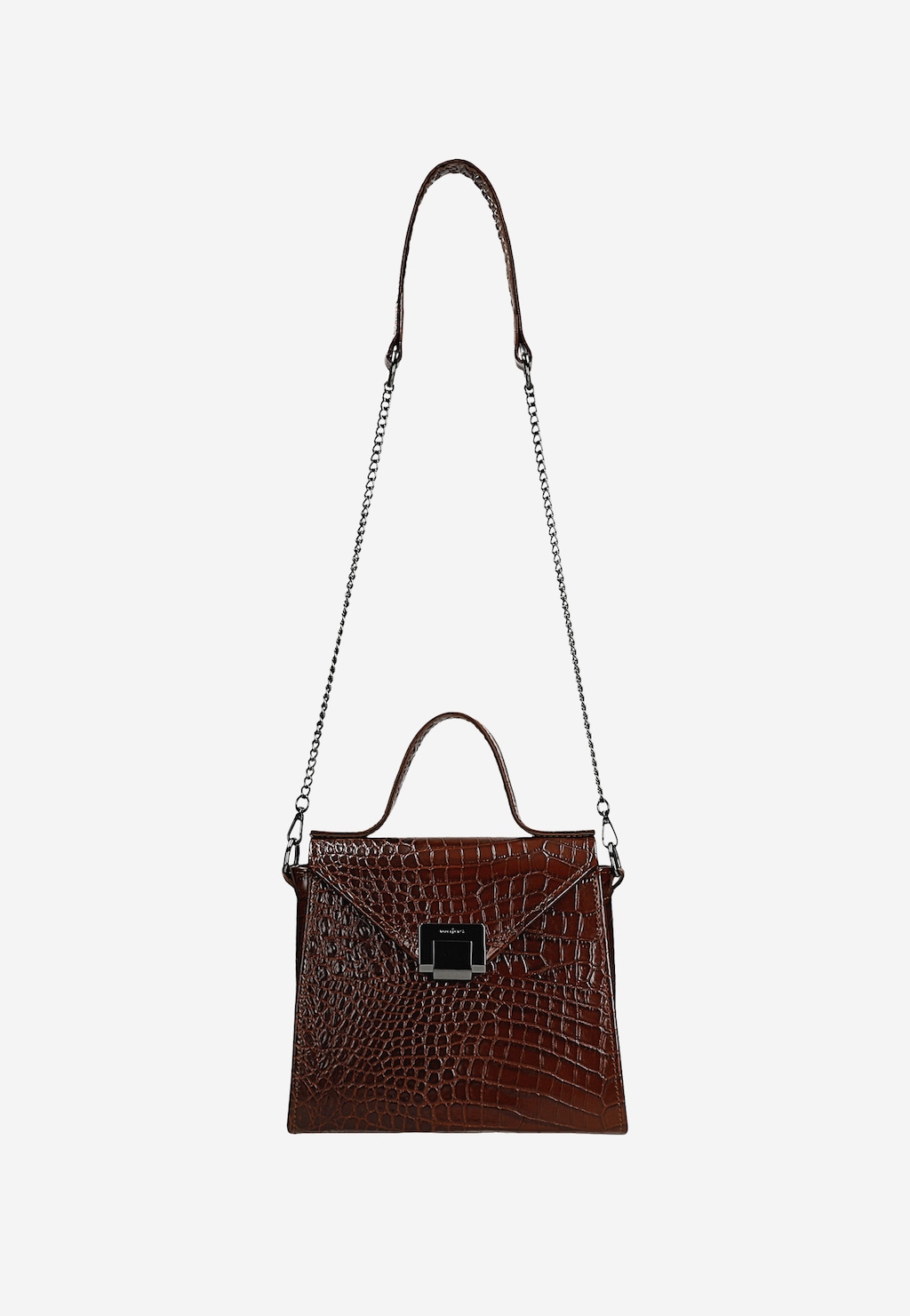 Elegancka brązowa torebka damska Wojas 80406-52 z tłoczonej skóry o fakturze krokodyla, z metalowym zapięciem i długim łańcuszkowym paskiem do noszenia na ramieniu.