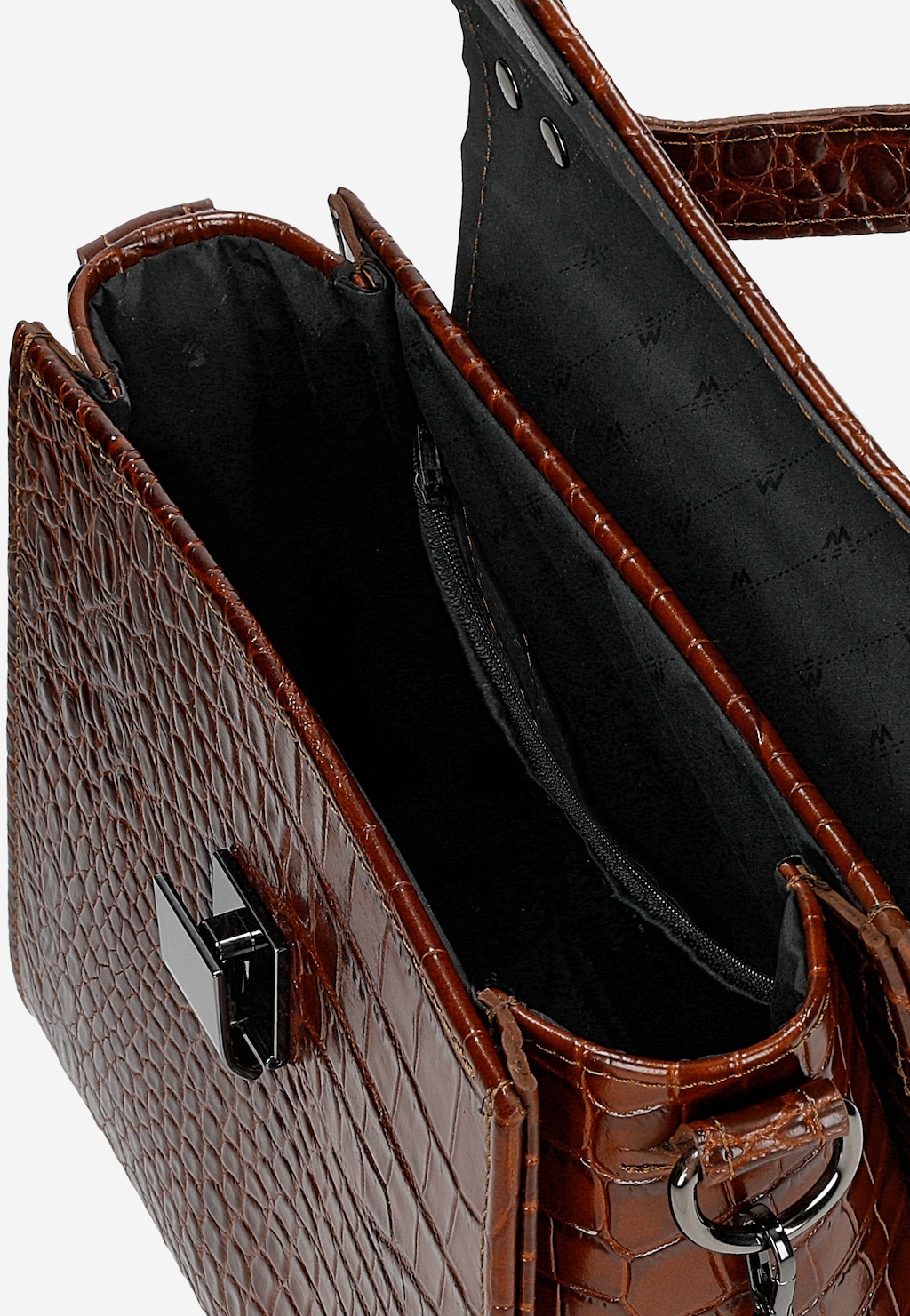 Brązowa torebka damska Wojas model 80406-52 z tłoczonej skóry w fakturę krokodyla z widocznym wnętrzem, metalowym zapięciem i czarną podszewką z kieszonką.