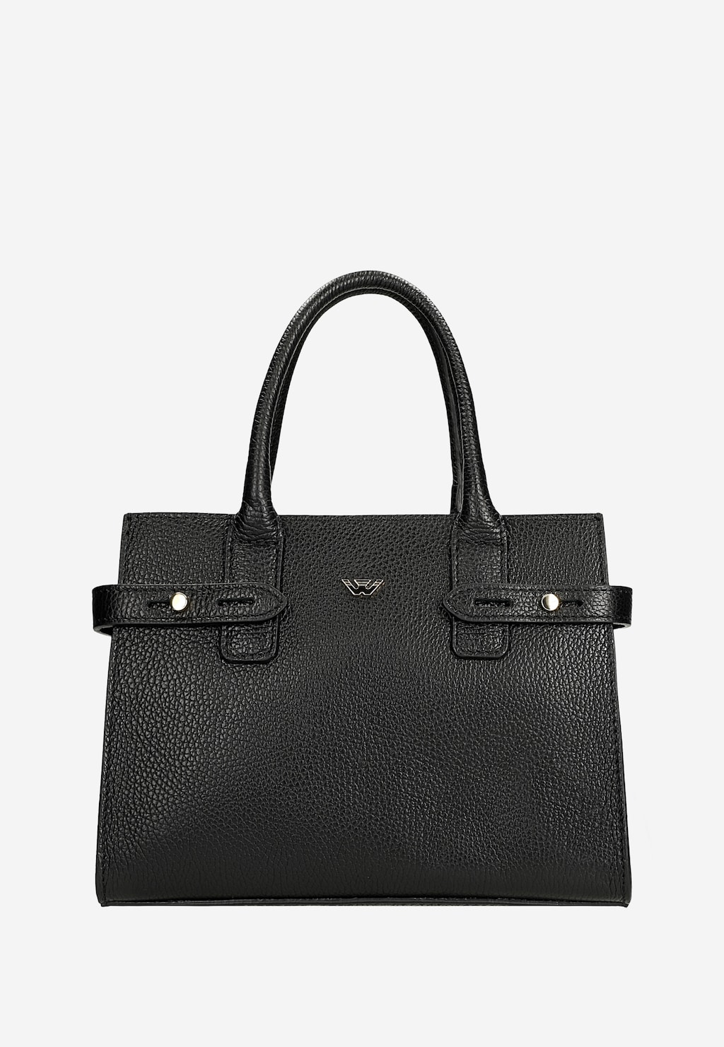 Elegancka czarna torebka damska Wojas typu kuferek model 80405-51 ze skóry ziarnistej, z charakterystycznymi uchwytami i metalowym logo marki na froncie.