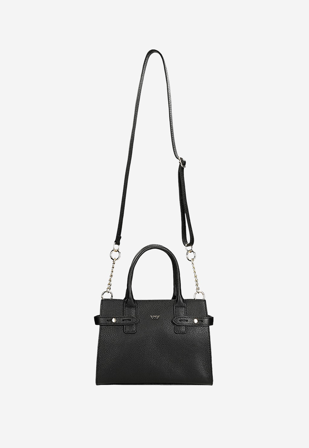 Elegancka czarna torebka damska Wojas model 80405-51 typu kuferek z odpinanym paskiem na ramię, metalowymi elementami i logo marki na froncie.