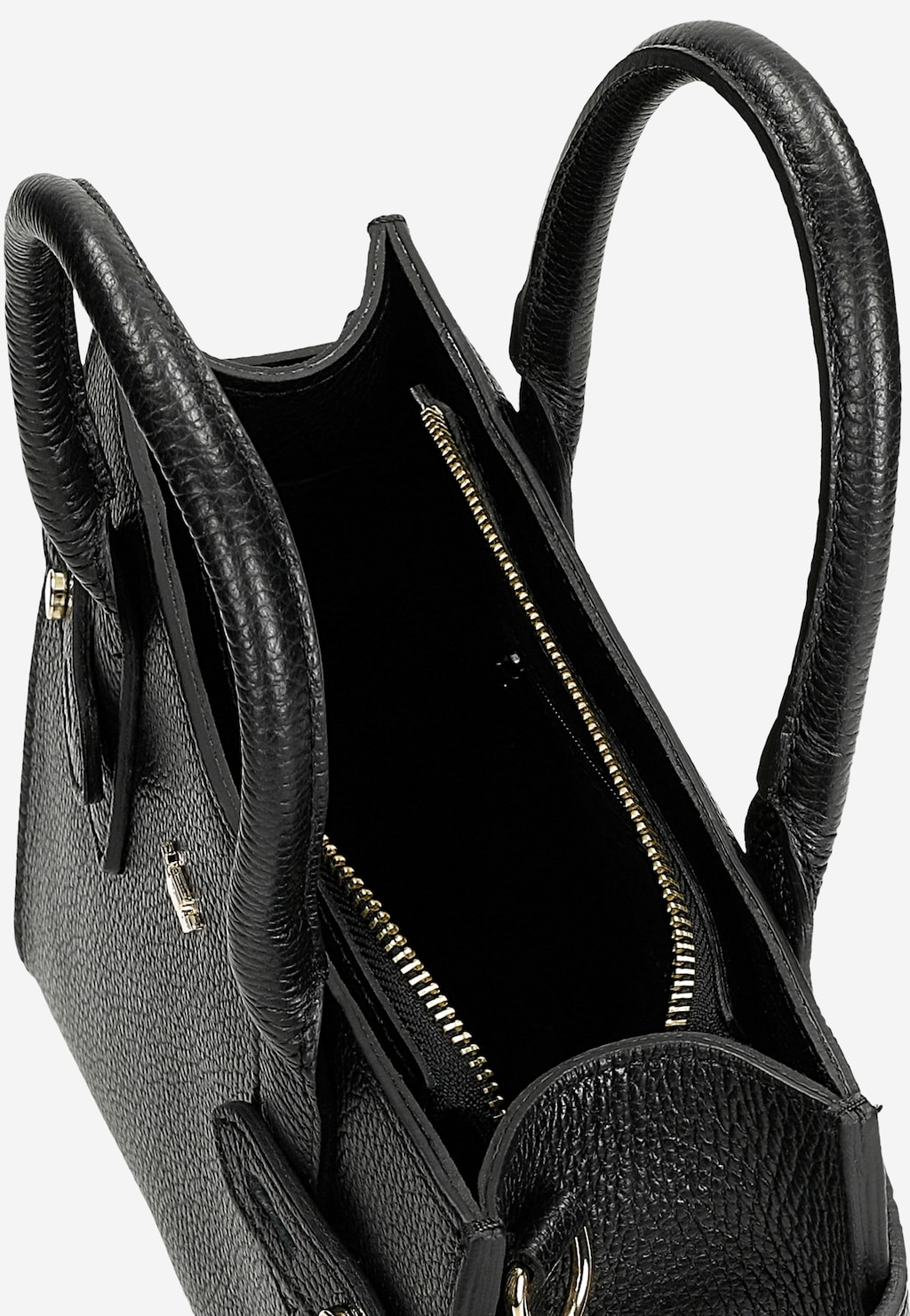 Elegancka czarna torebka damska Wojas model 80405-51 typu kuferek z widocznym wnętrzem, złotym zamkiem błyskawicznym i teksturowaną skórzaną powierzchnią.