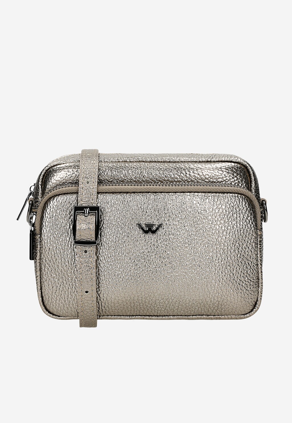 Elegancka złota torebka Wojas model 80317-58 typu crossbody bag z teksturowaną skórą, regulowanym paskiem i metalowym logo marki na froncie.