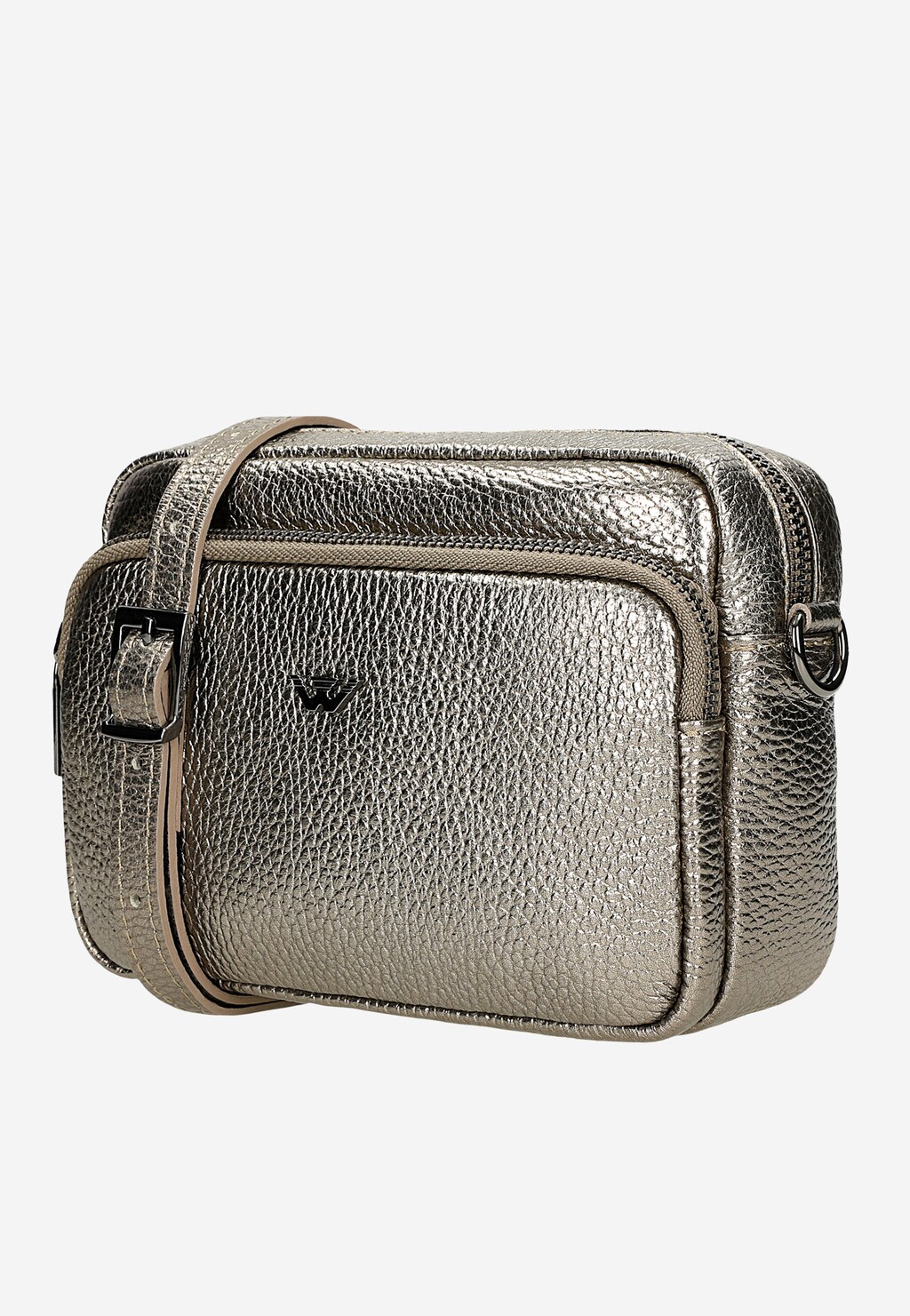 Złota torebka damska Wojas, model 80317-58, typu crossbody bag o teksturowanej skórzanej powierzchni z przednią kieszenią, logo marki i regulowanym paskiem na ramię.