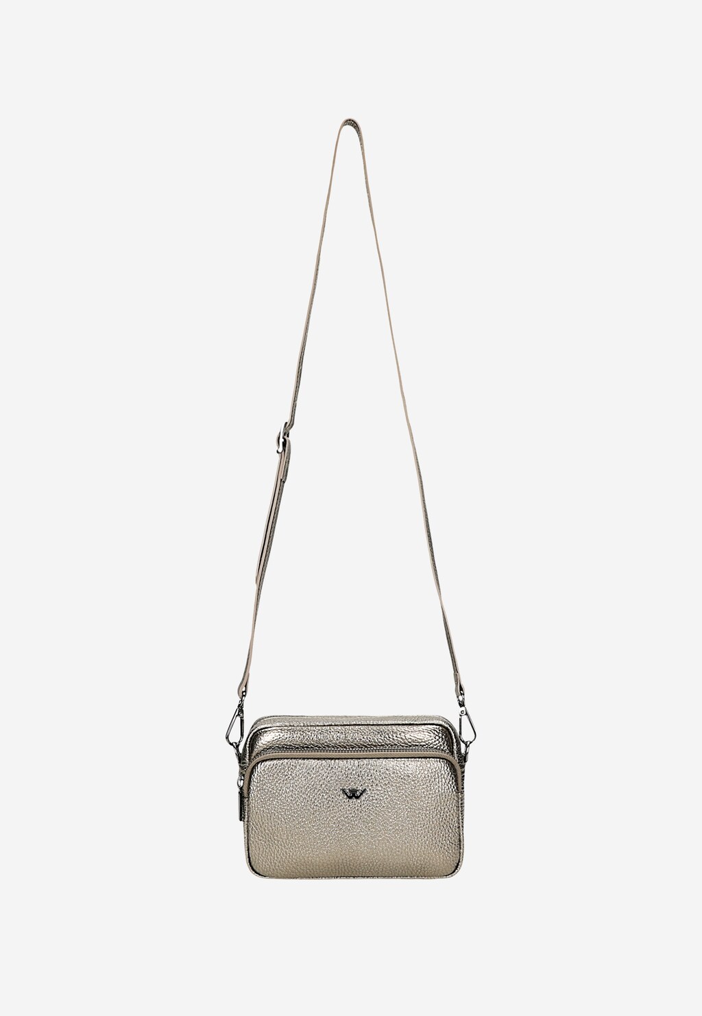Mała złota torebka damska Wojas model 80317-58, typu crossbody bag z długim regulowanym paskiem i kieszenią z przodu, wykonana z metalicznej skóry.