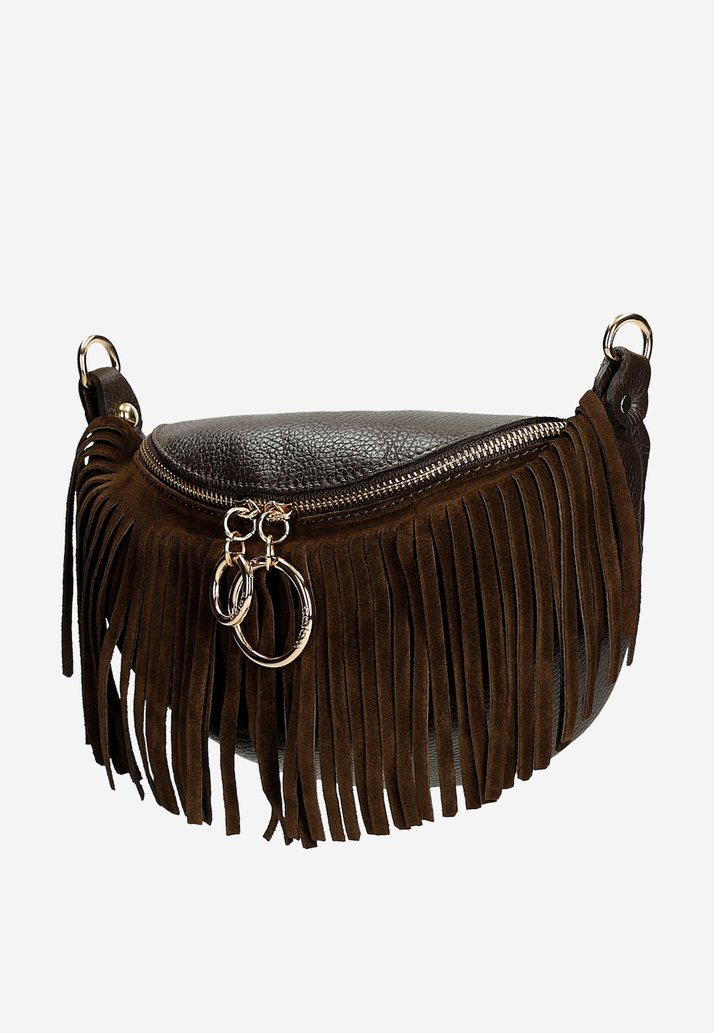 Brązowa nerka damska Wojas model 80089-72 ze skóry z ozdobnymi frędzlami, złotym zamkiem błyskawicznym i metalowymi zawieszkami w formie breloczków.