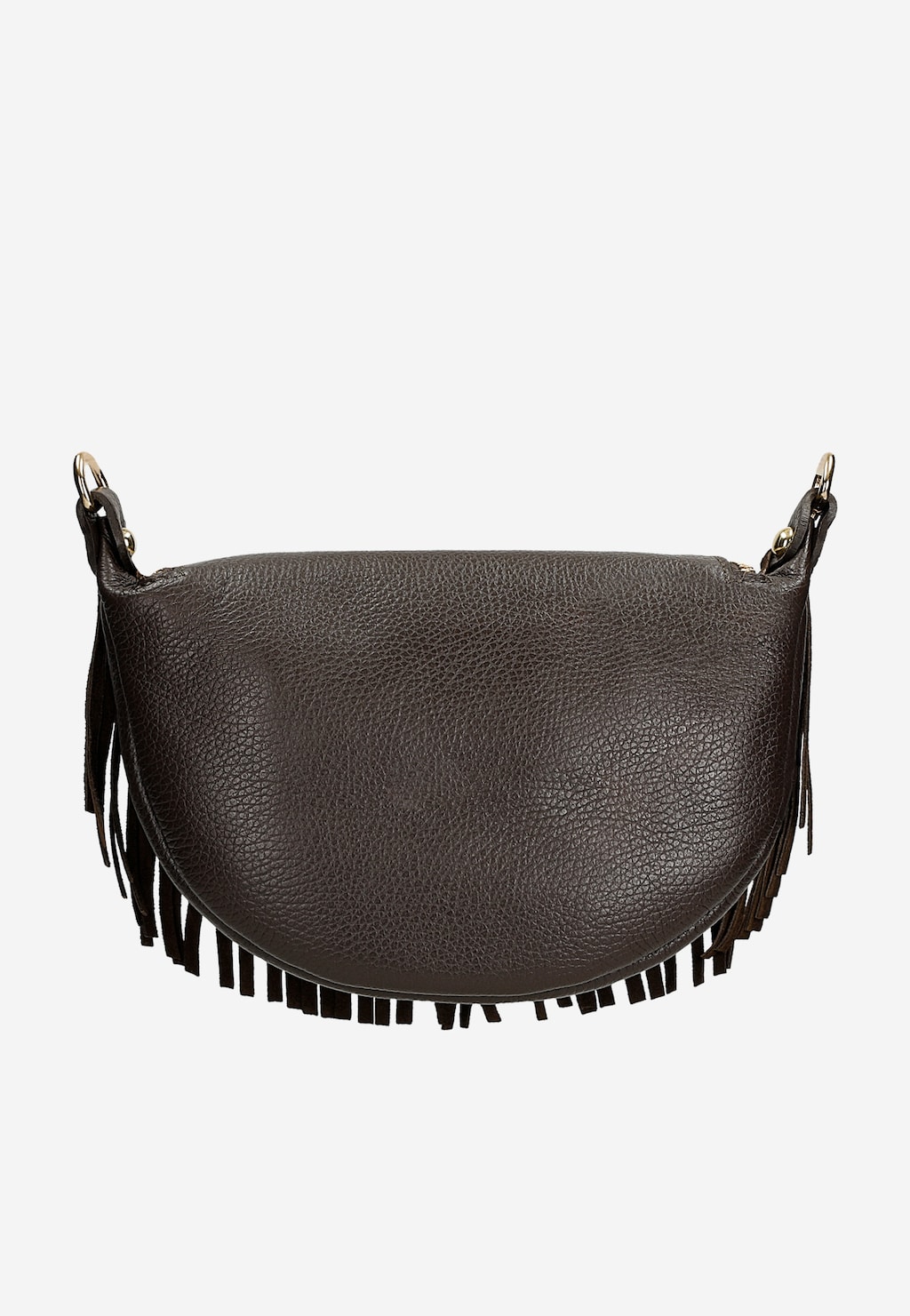 Brązowa nerka damska Wojas model 80089-72 ze skóry naturalnej z ozdobnymi frędzlami na dole, widok z przodu, ze złotymi metalowymi elementami mocowania paska.