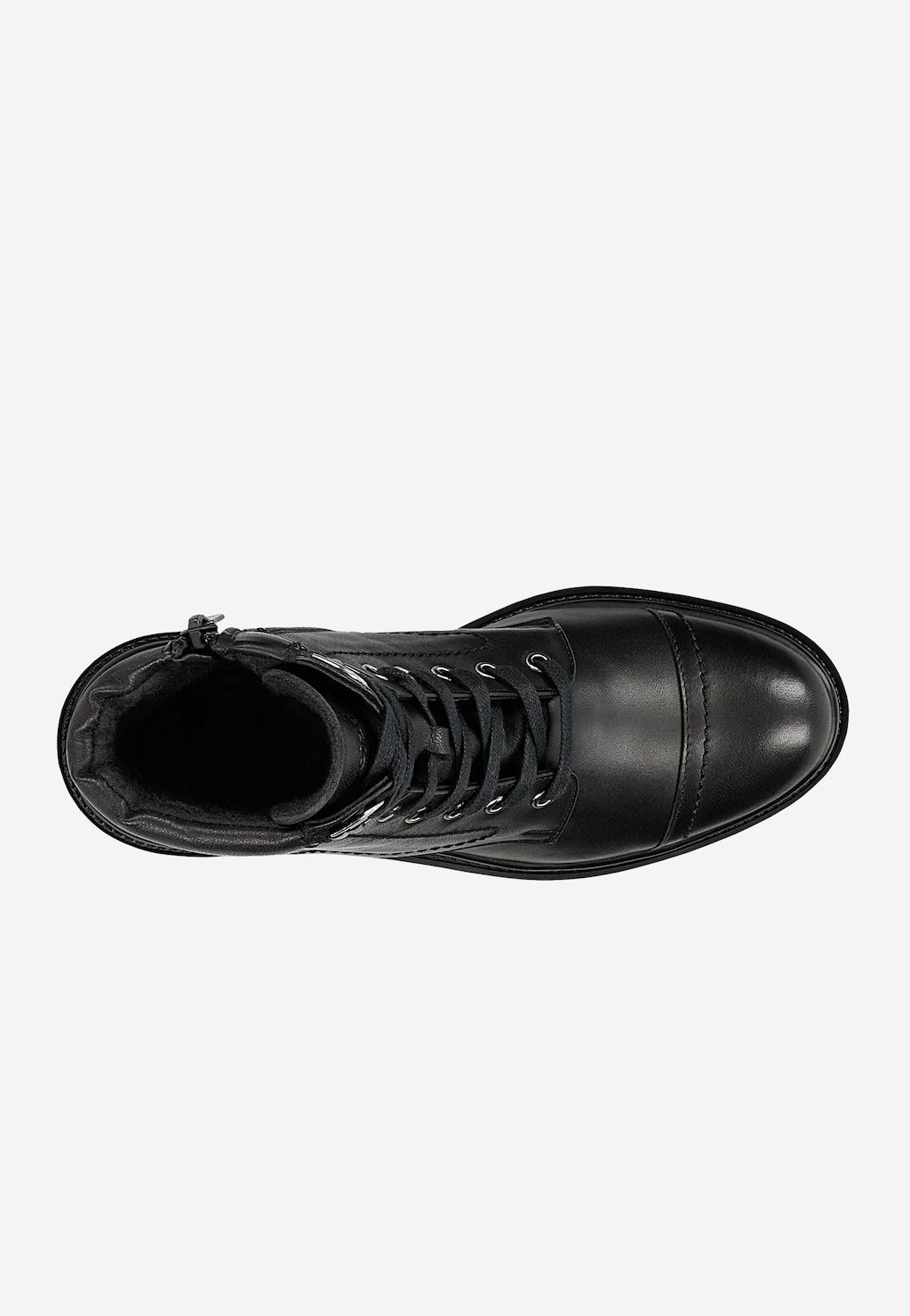 Czarne skórzane trzewiki Wojas 64129-51 z bocznym zamkiem i sznurowadłami, widok z góry. Widoczne ocieplane wnętrze, eleganckie przeszycia i solidna konstrukcja buta.