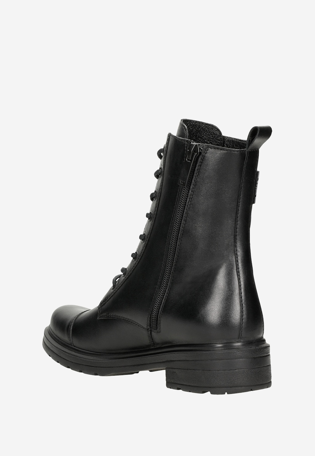 Czarne skórzane trzewiki damskie Wojas 64026-59 z ociepleniem, zapinane na suwak boczny, z wiązaniem z przodu i solidną podeszwą, widok z boku.