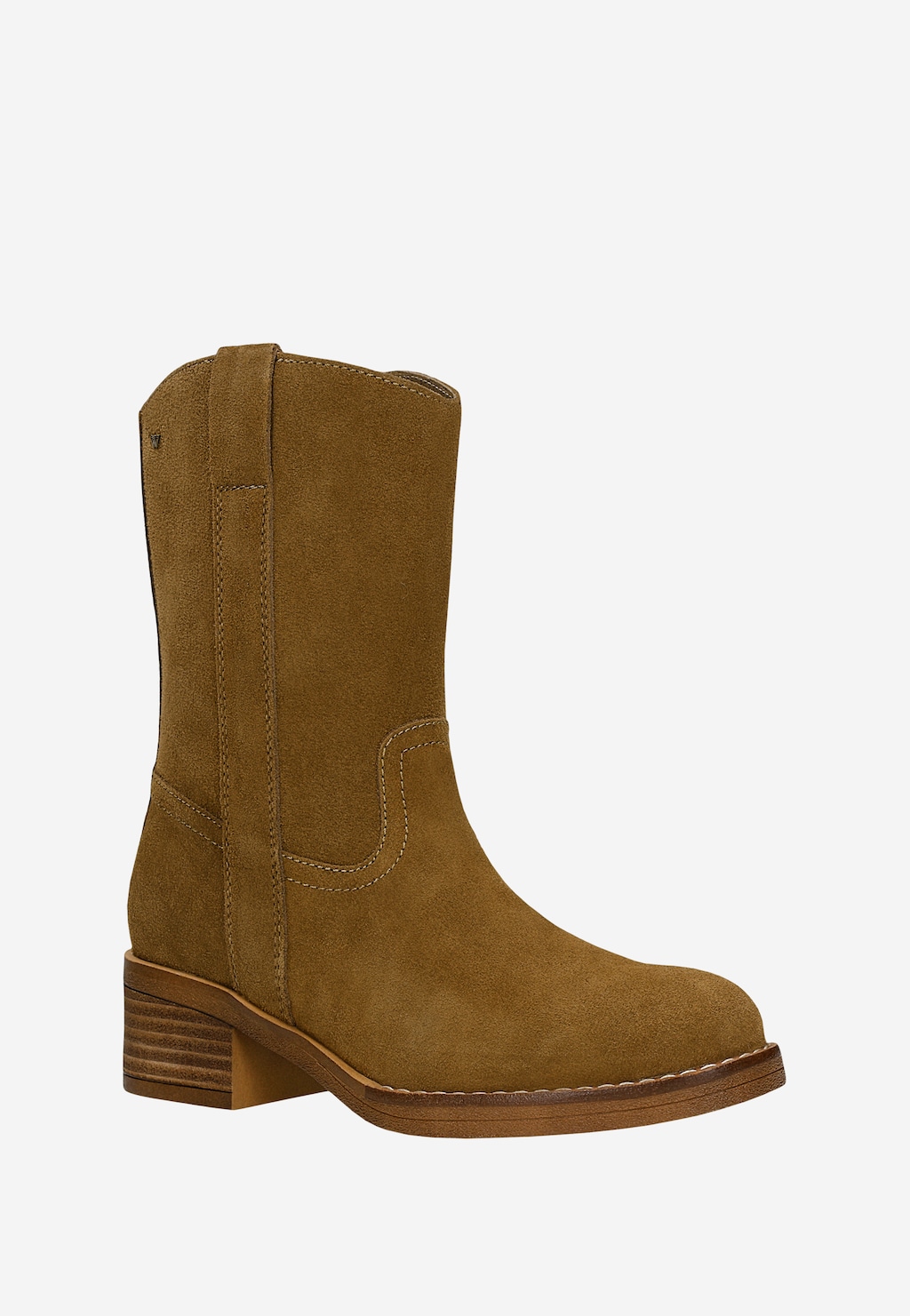 Jasnobrązowe botki Wojas model 55298-63 wykonane z zamszu, z charakterystycznym przeszyciem, na stabilnym, kwadratowym obcasie, zapinane na niewidoczny zamek.