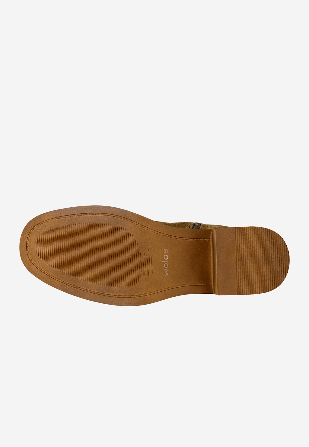 Podeszwa jasnobrązowych botków Wojas model 55298-63 z widocznym logo marki, zapinanych na zamek, z charakterystycznym wzorem antypoślizgowym i niskim obcasem.