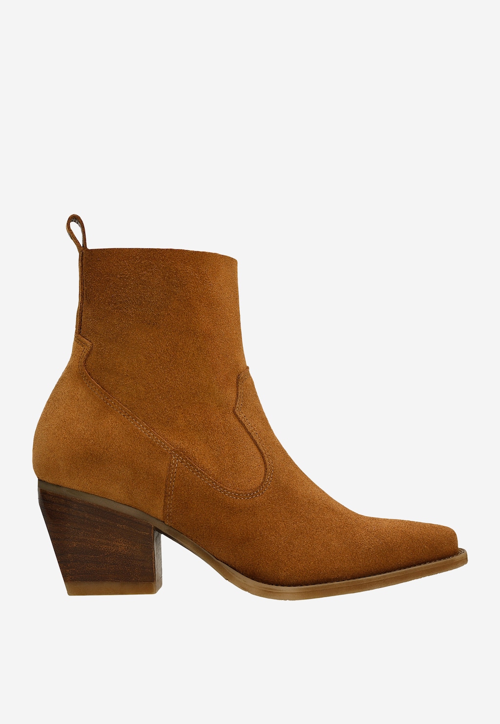 Brązowe kowbojki damskie Wojas 55247-62 wykonane z zamszu z charakterystycznymi przeszyciami, spiczastym noskiem i stabilnym obcasie, widoczne z boku.