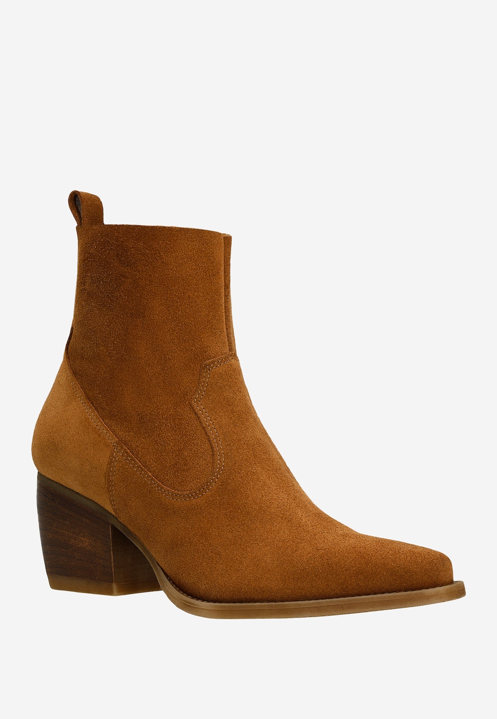 Brązowe kowbojki damskie Wojas model 55247-62 wykonane z zamszu, z charakterystycznymi przeszyciami, na stabilnym drewnianym obcasie, z spiczastym noskiem.