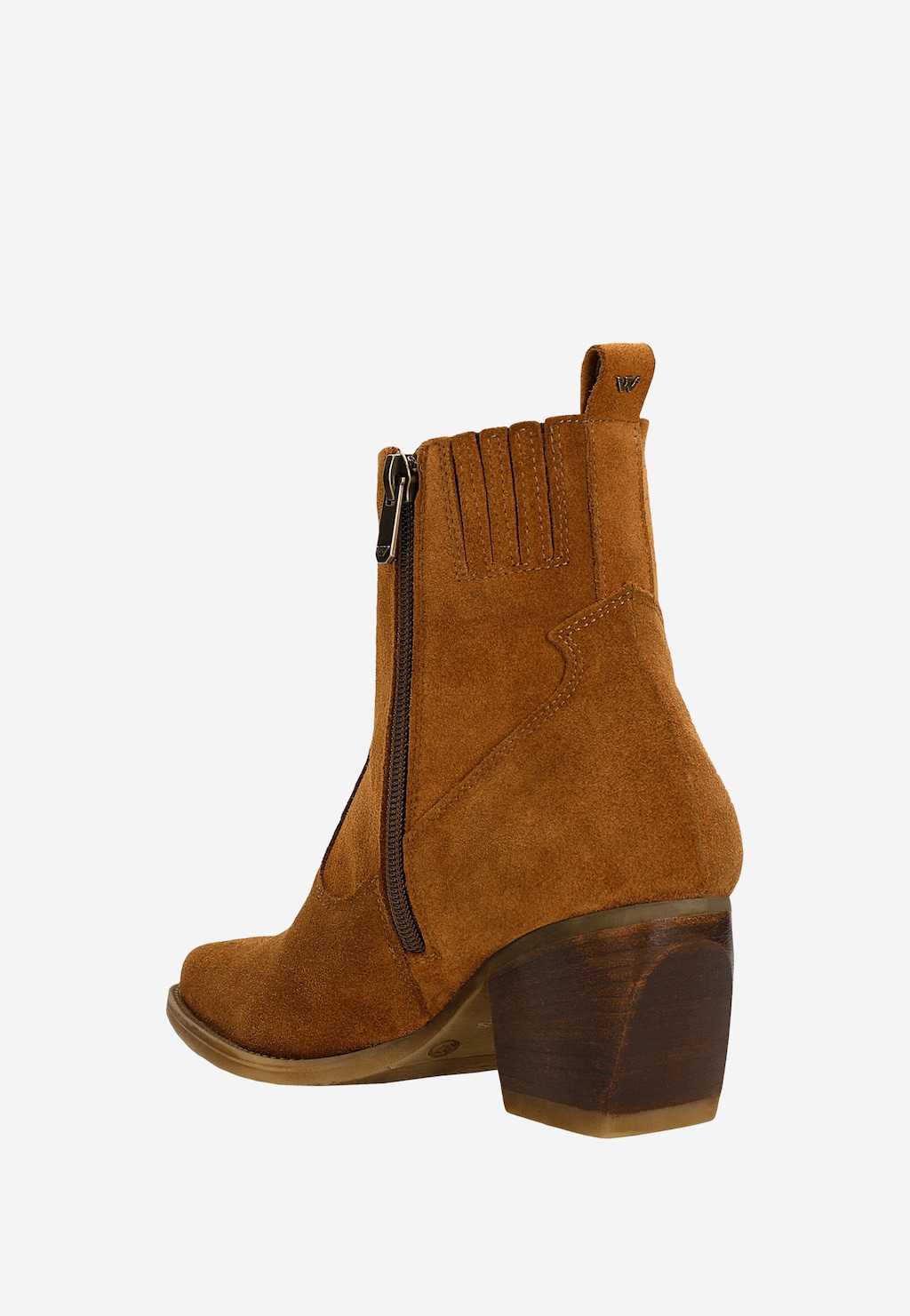 Brązowe kowbojki damskie Wojas model 55247-62 z boku, wykonane z zamszu, z ozdobnymi przeszyciami i bocznym zamkiem. Widoczny charakterystyczny drewniany obcas.