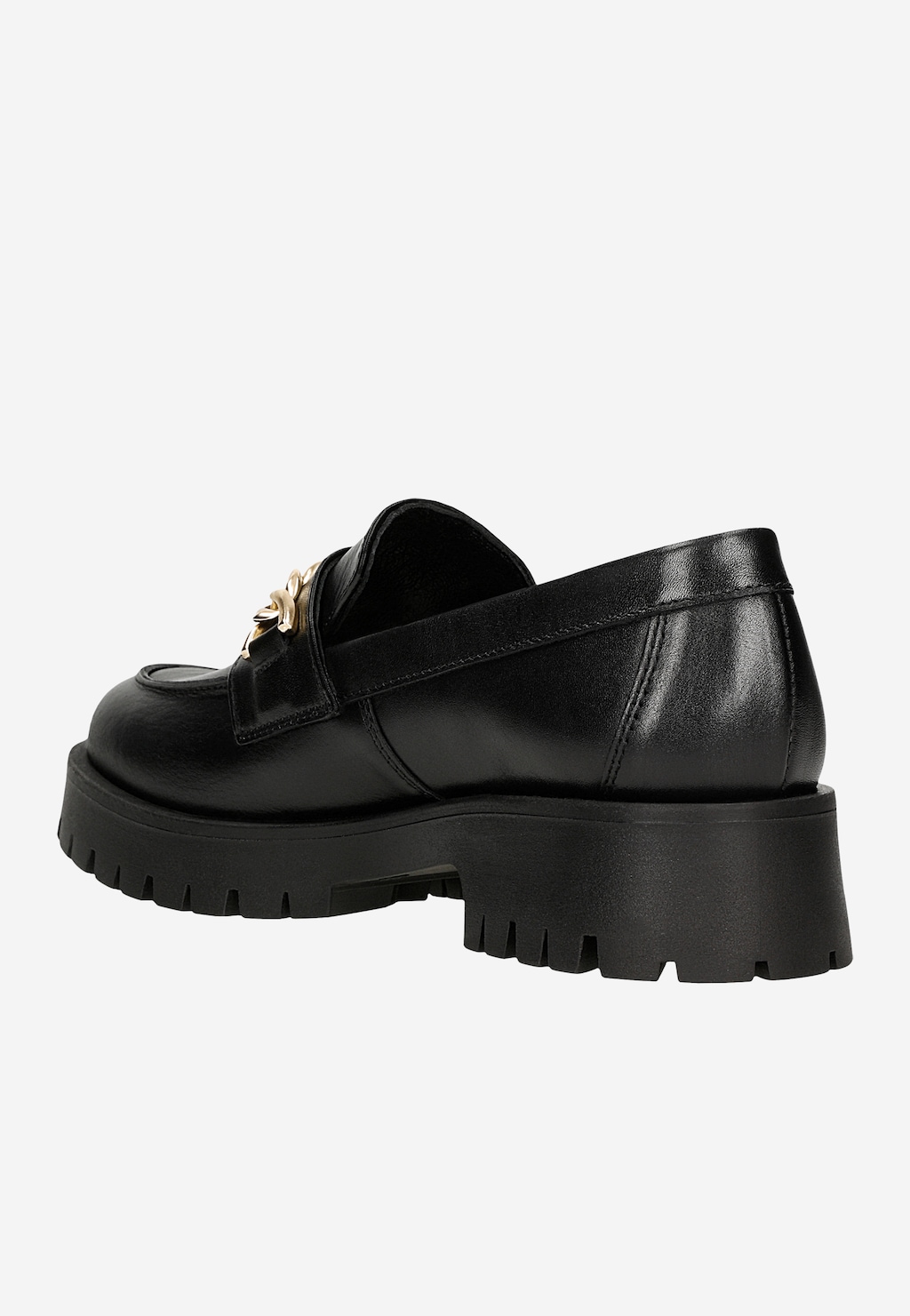 Czarne eleganckie mokasyny damskie Wojas 46323-51 ze skóry licowej z charakterystyczną złotą ozdobą, na grubej, profilowanej podeszwie, widok z boku.