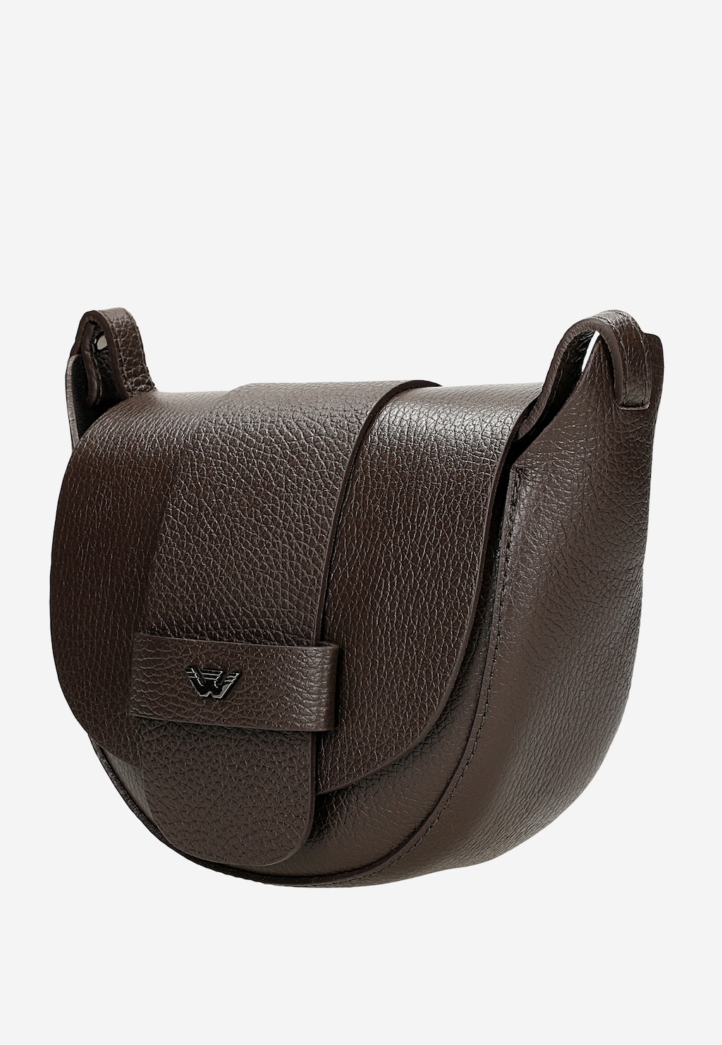 Elegancka skórzana ciemnobrązowa torebka Wojas model 9816-52 typu saddle bag z wyraźnie widocznym logo marki na klapie i charakterystyczną fakturą skóry.
