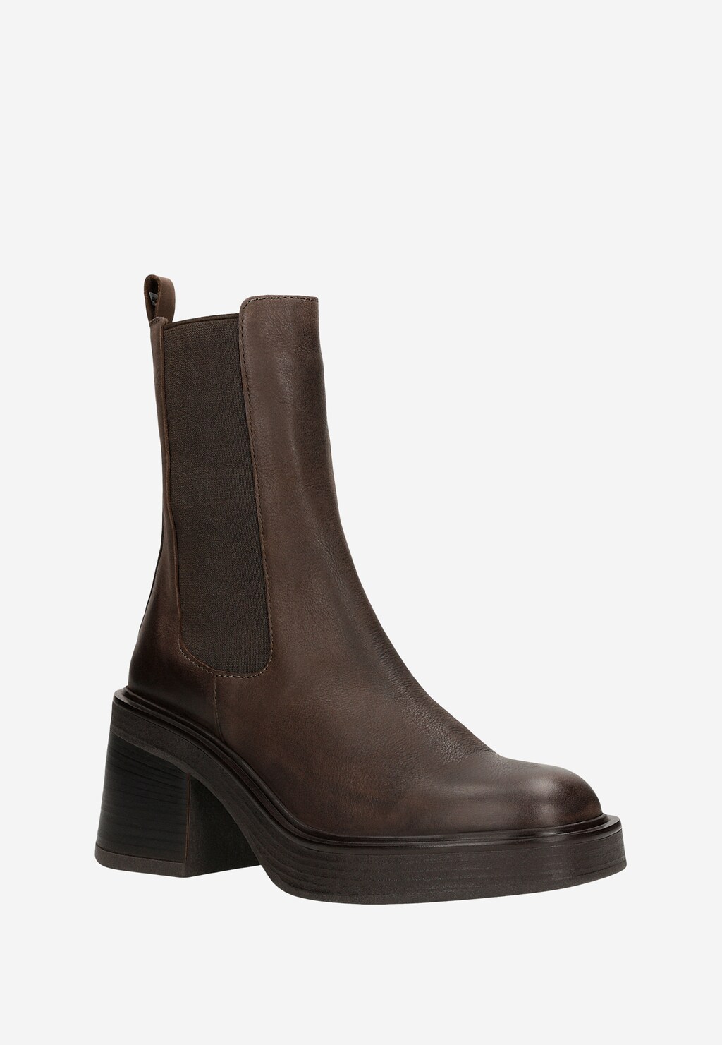 Brązowe skórzane sztyblety Wojas model 55240-52 z wysoką cholewką, elastycznymi wstawkami po bokach i masywnym obcasem, widoczne z profilu na platformowej podeszwie.