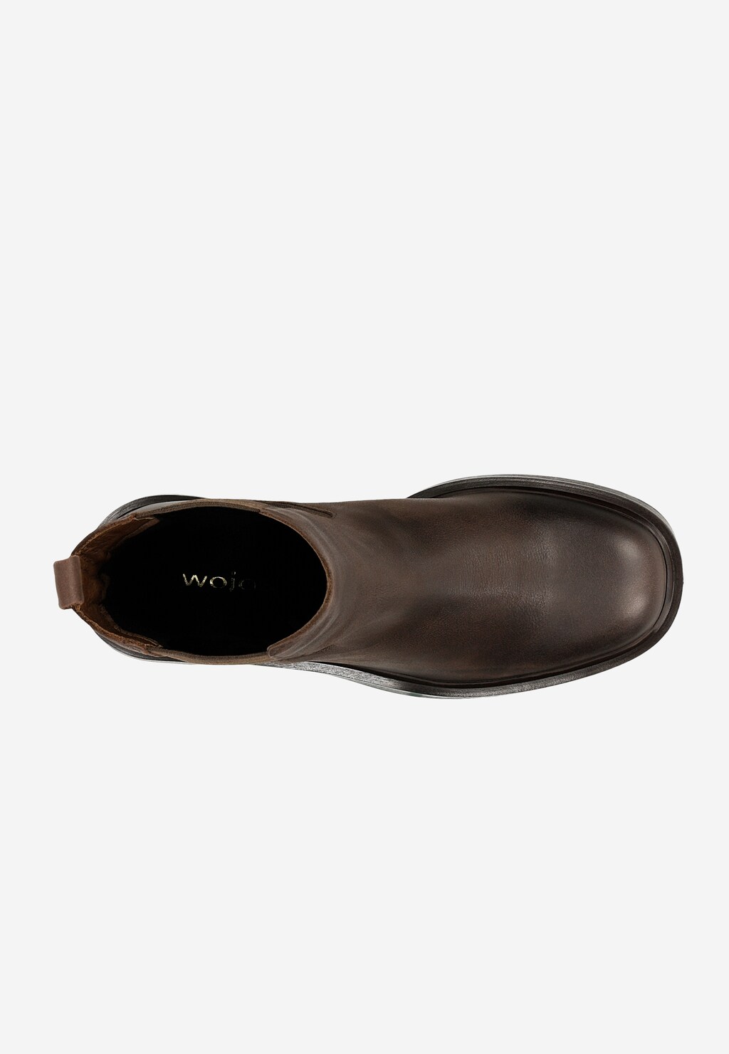 Brązowe skórzane sztyblety Wojas model 55240-52 z wysoką cholewką, widok z góry ukazujący elegancki design, gumkę wsuwającą i logo marki wewnątrz buta.