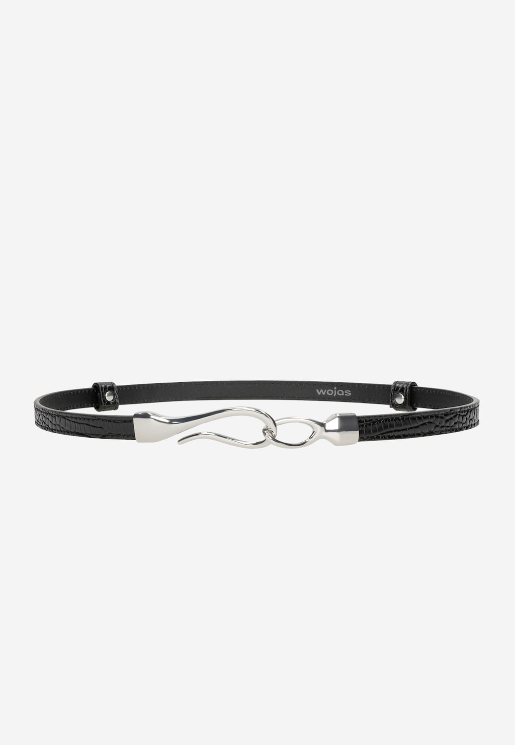 Elegancki czarny pasek Wojas model 93095-51 z fakturą imitującą skórę krokodyla, ozdobiony srebrną, dekoracyjną klamrą o płynnym, falistym kształcie.
