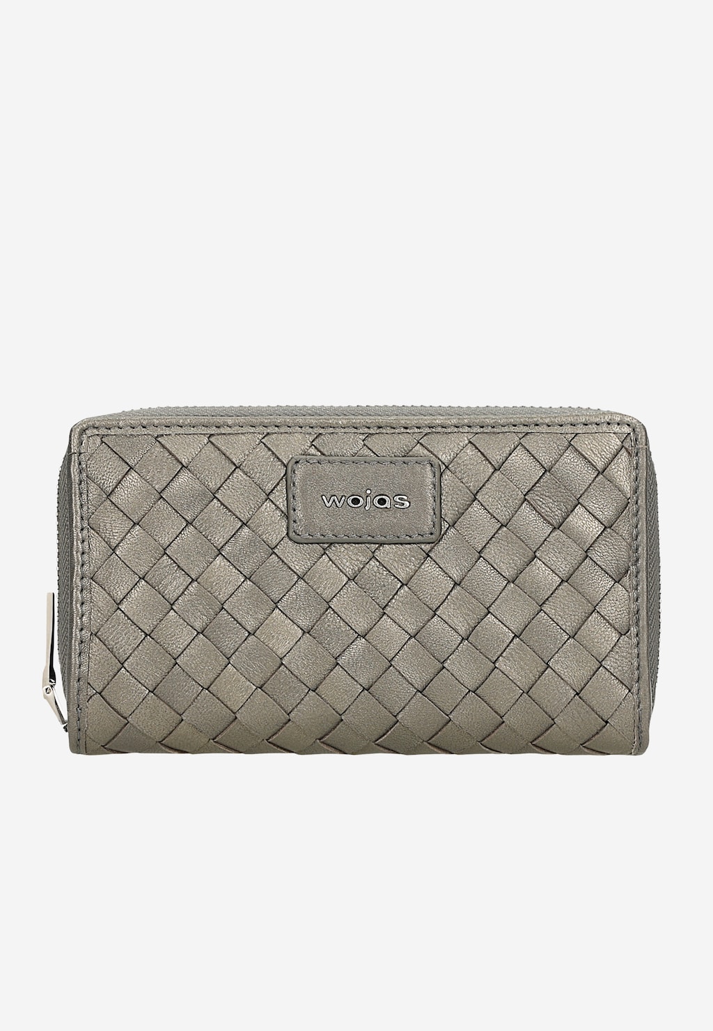 Srebrny portfel damski Wojas 91097-59 z licowej skóry, ozdobiony eleganckim przeplataniem w formie kratki, z charakterystycznym logo marki i zamkiem błyskawicznym.