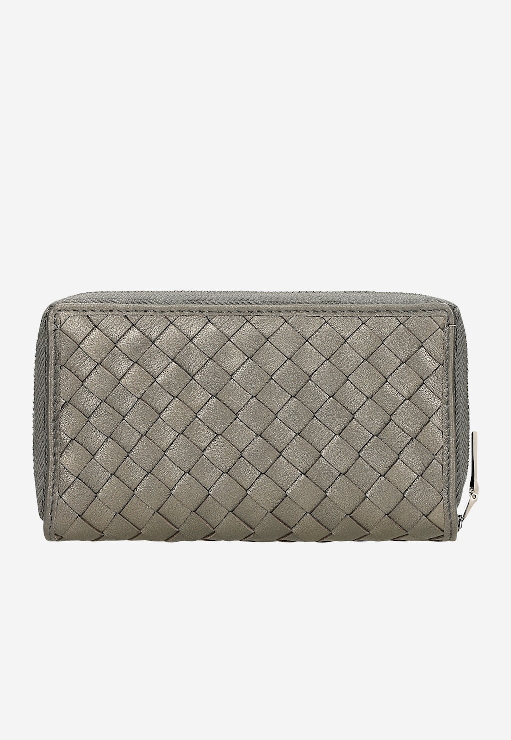 Srebrny przeplatany portfel damski Wojas 91097-59 ze skóry licowej z charakterystycznym wzorem plecionki, zamykany na zamek błyskawiczny.