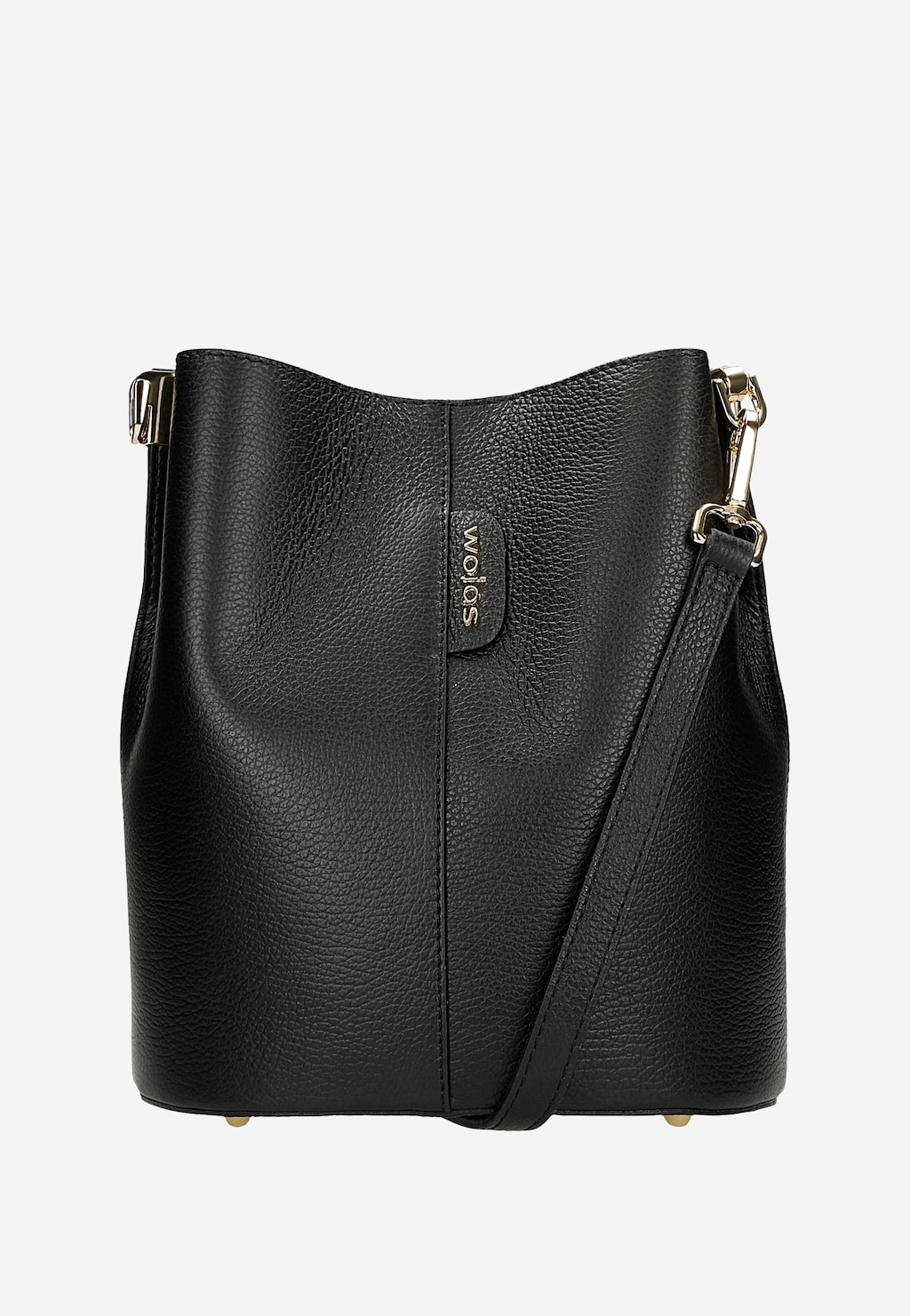 Elegancka czarna skórzana torebka Wojas model 80434-51 typu bucket bag z widocznym logo marki, odpinanym paskiem na ramię i złotymi metalowymi elementami.