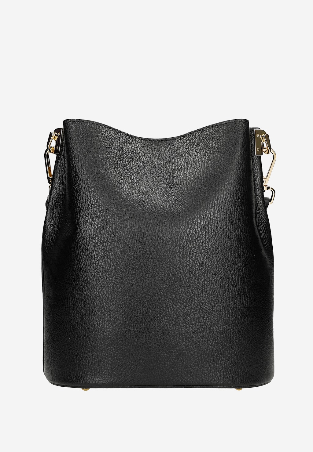 Czarna skórzana torebka damska Wojas model 80434-51 typu bucket bag z widoczną ziarnistą fakturą skóry i złotymi elementami metalowymi przy pasku.