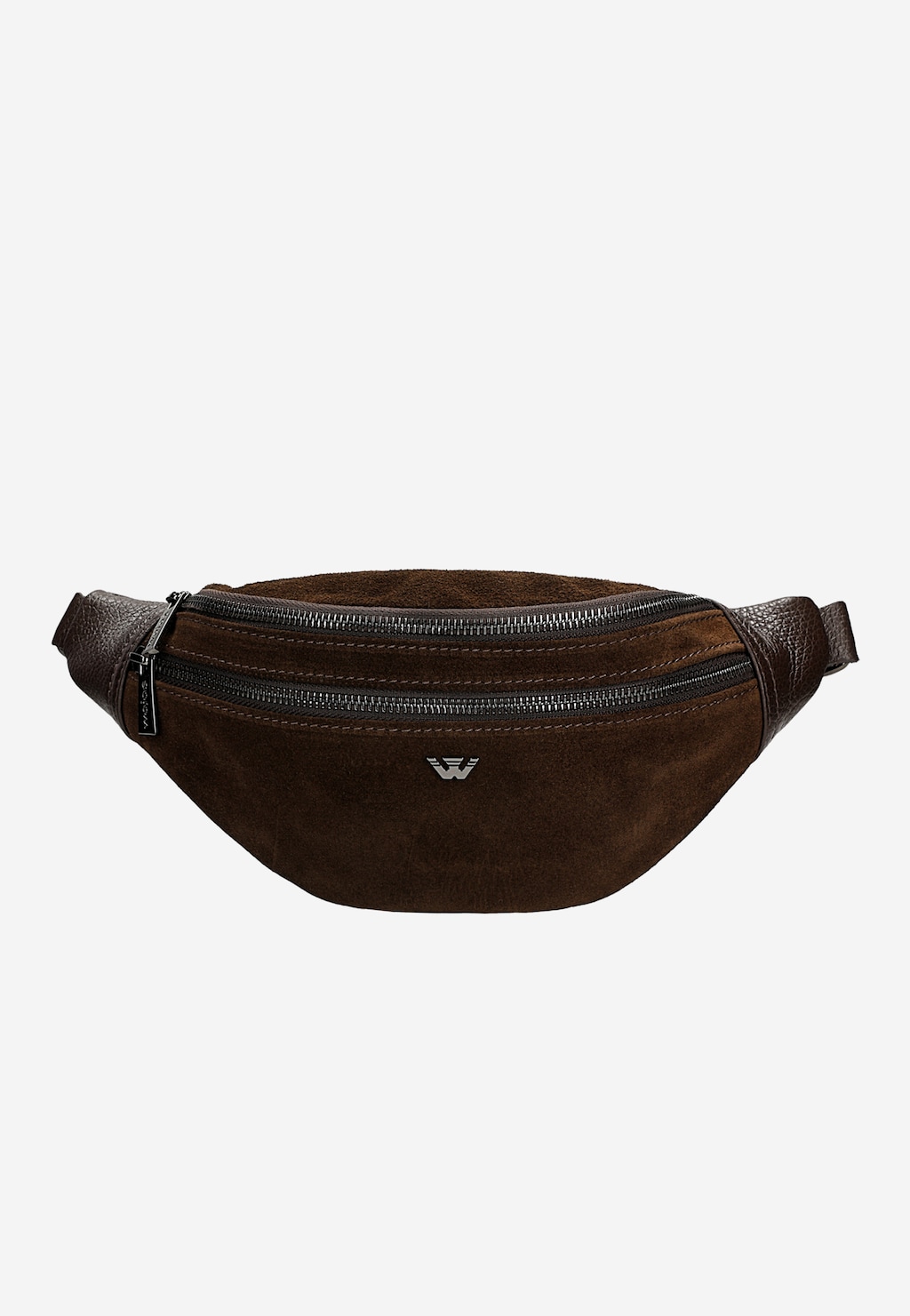 Ciemnobrązowa torebka nerka Wojas model 80422-72 ze skóry licowej. Elegancki design z podwójnym zamkiem, paskiem regulowanym i charakterystycznym logo marki na froncie.