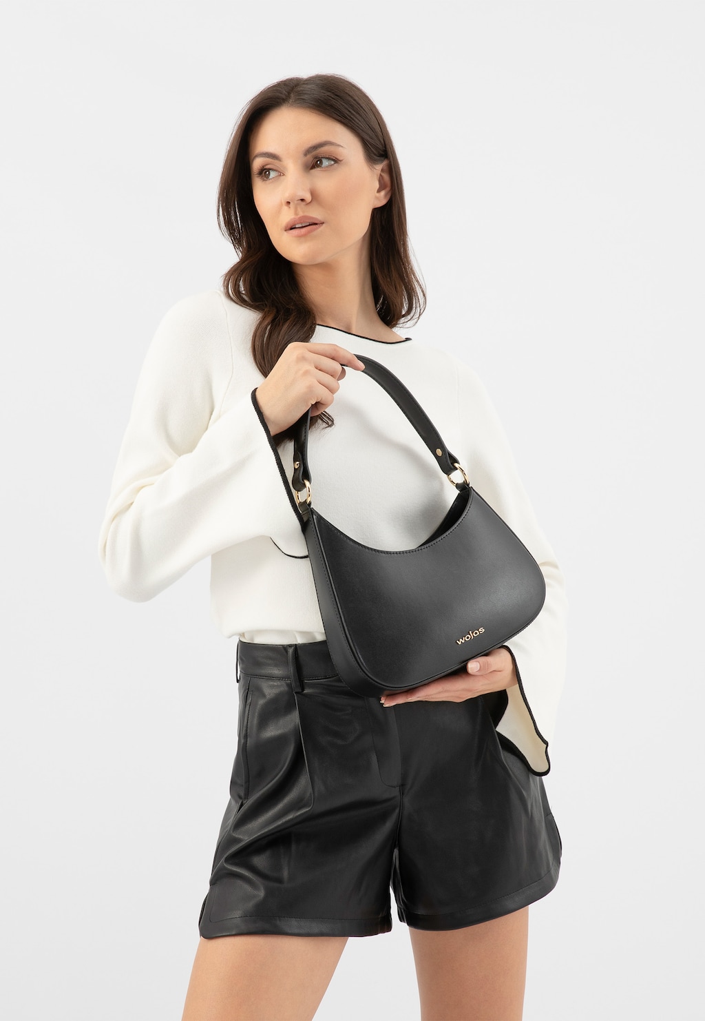 Černá asymetrická kožená bagetová kabelka 80411-51 Widok 9