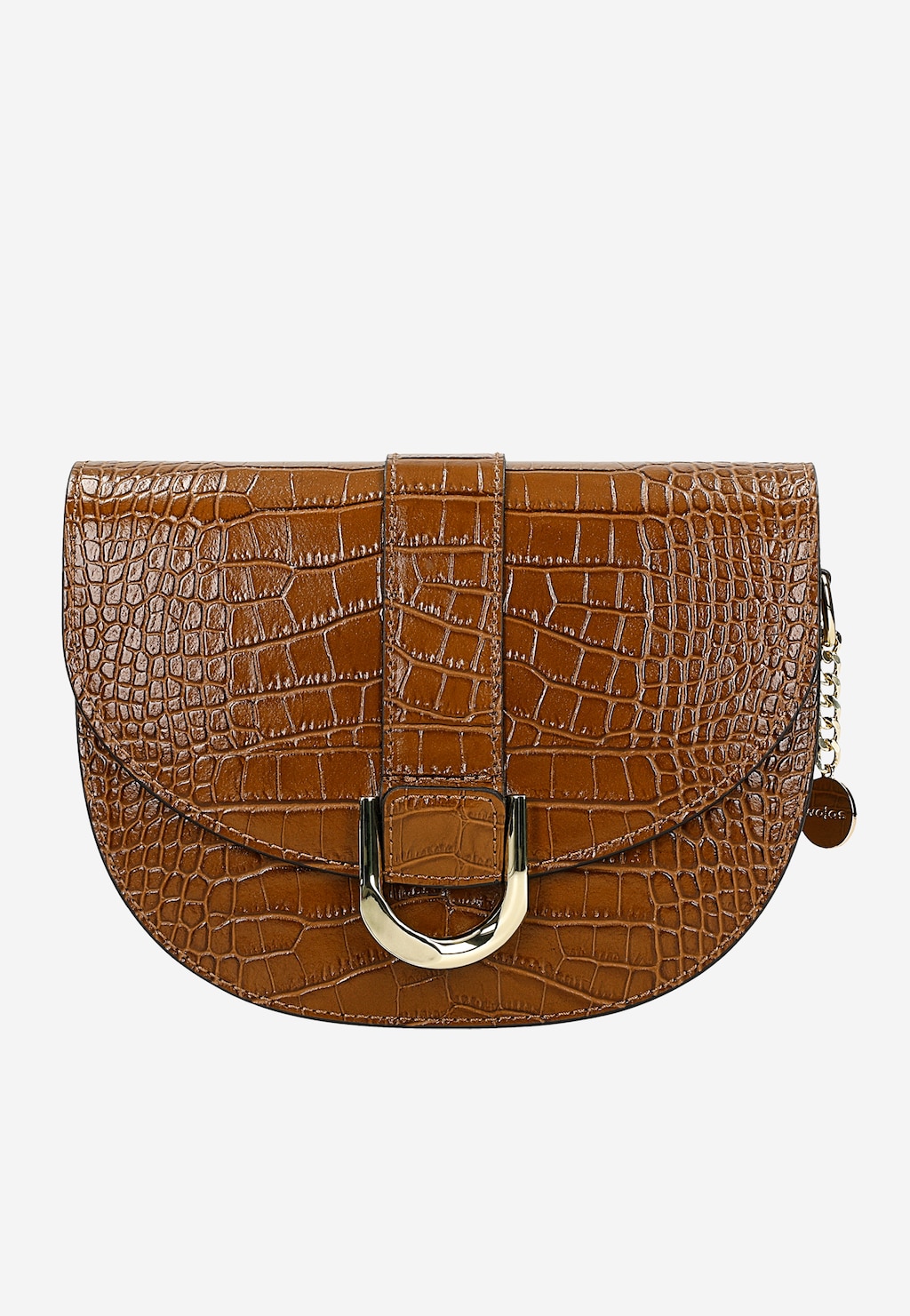 Elegancka brązowa torebka damska Wojas 80351-53 z tłoczonej skóry o fakturze krokodyla. Półokrągły kształt z ozdobnym zapięciem i metalowym detalem w kolorze złotym.