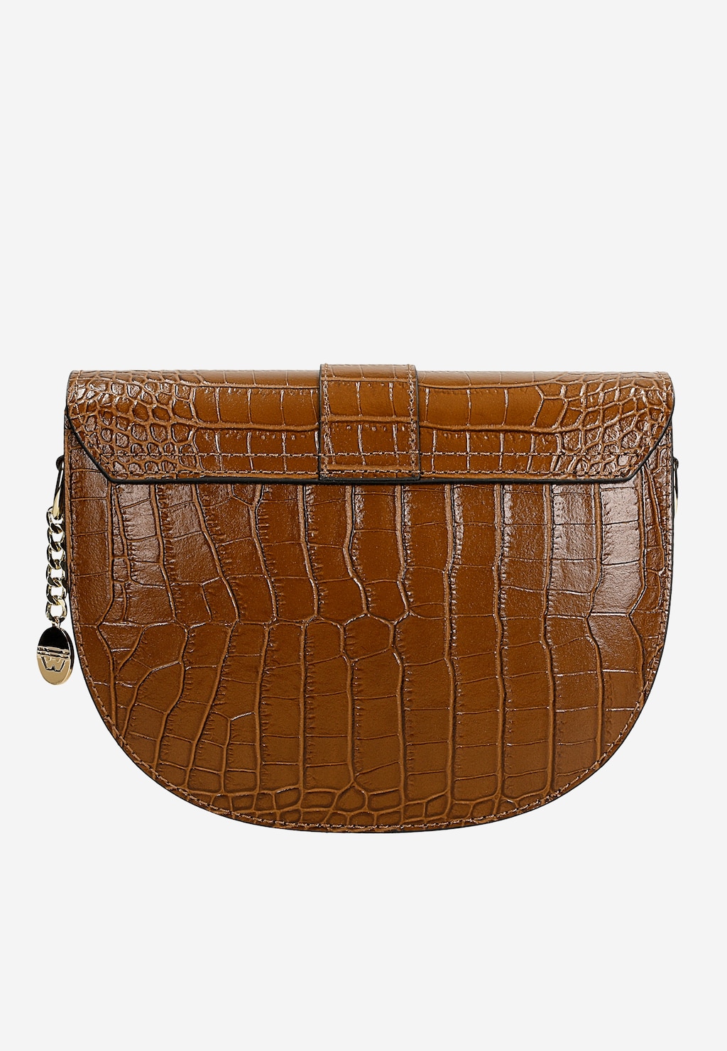 Elegancka brązowa torebka damska Wojas model 80351-53 z tłoczonej skóry o fakturze krokodyla w kształcie półksiężyca, z ozdobnym zapięciem i złotym łańcuszkiem z zawieszką.