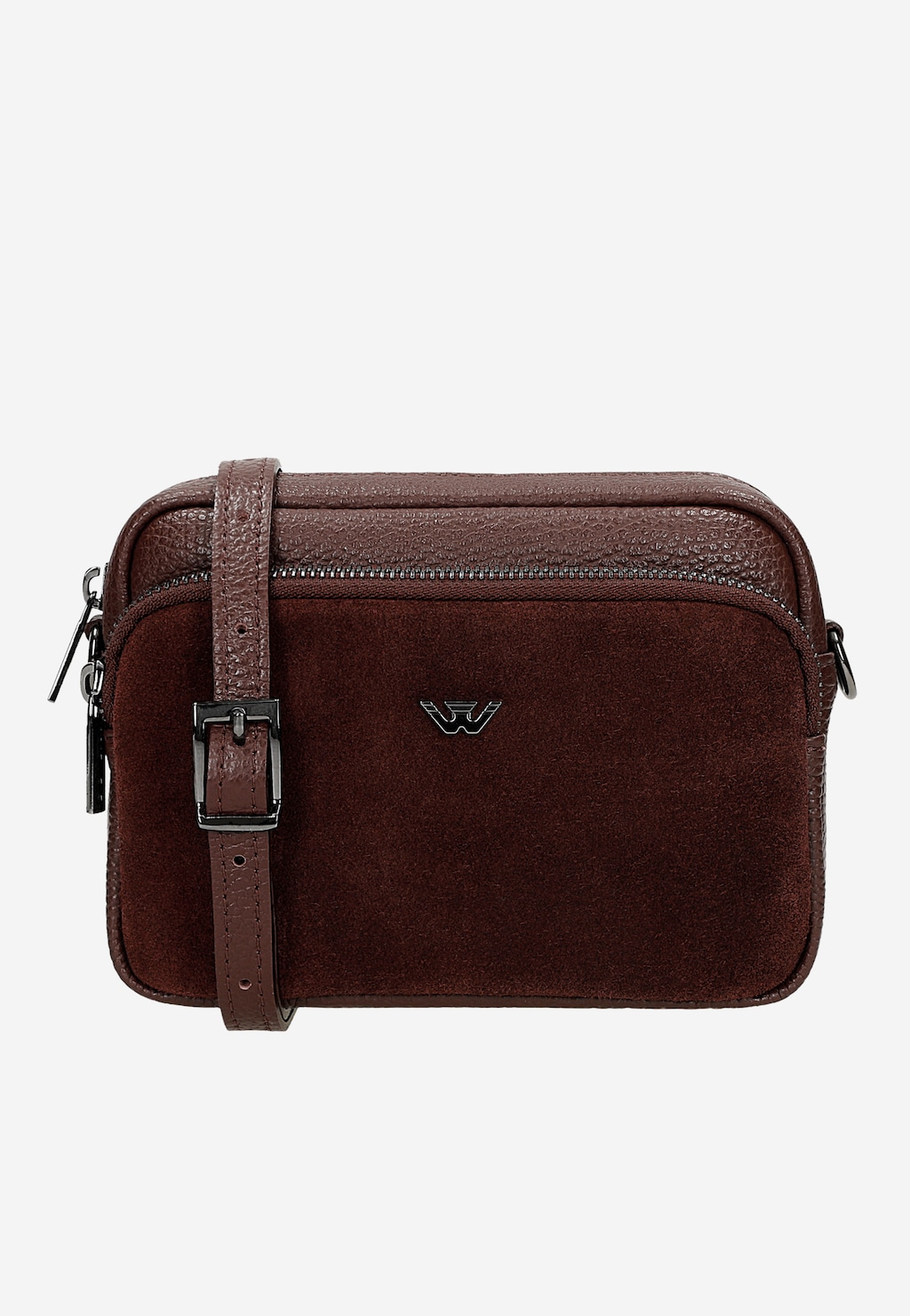 Bordowa torebka damska Wojas 80317-75 z łączonych skór - elegancka listonoszka z zamkiem, regulowanym paskiem i metalowym logo marki na froncie.