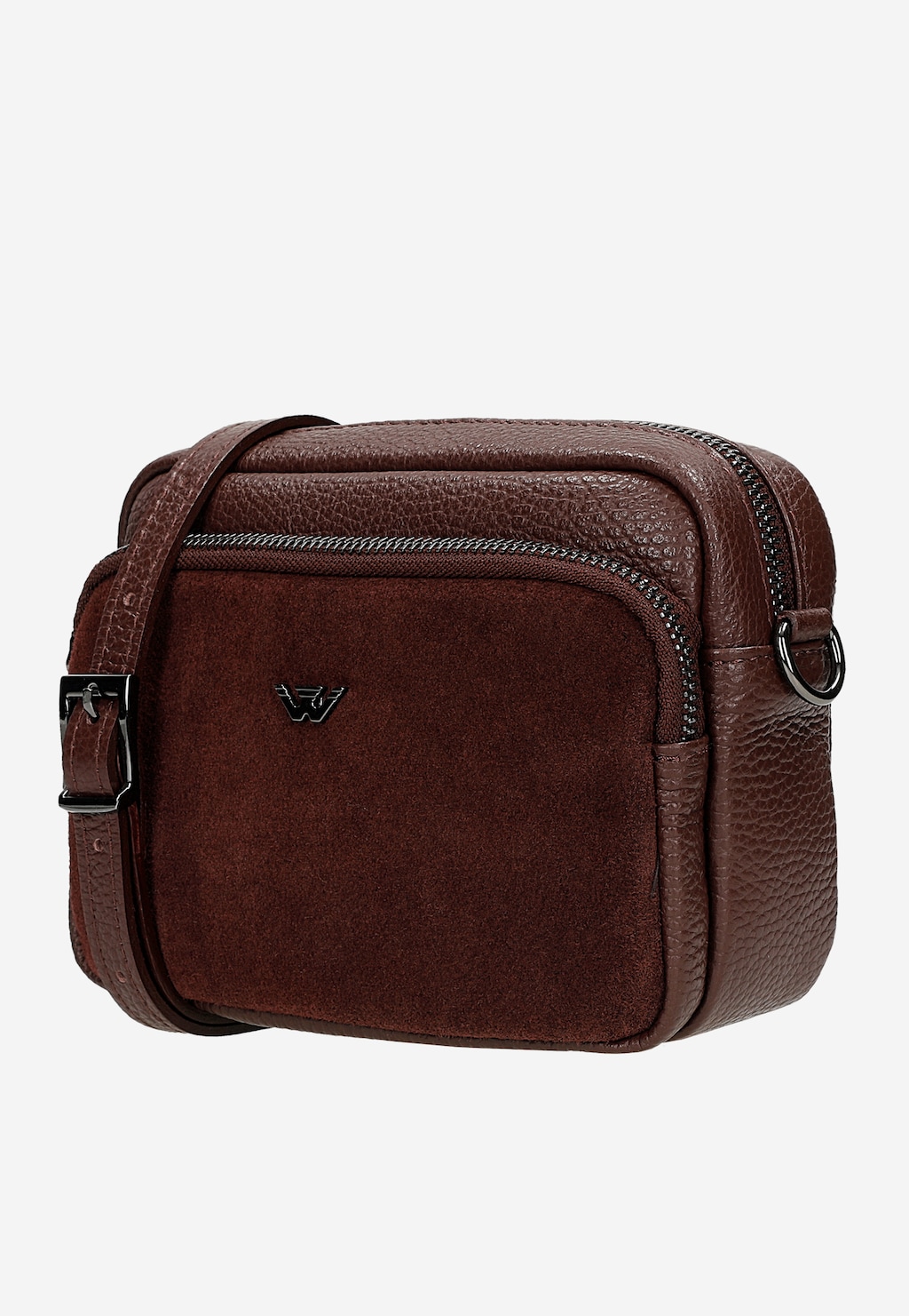 Bordowa torebka damska Wojas 80317-75 z łączonych skór - kompaktowa listonoszka z zamkiem błyskawicznym, kieszenią frontową i eleganckim logo marki.