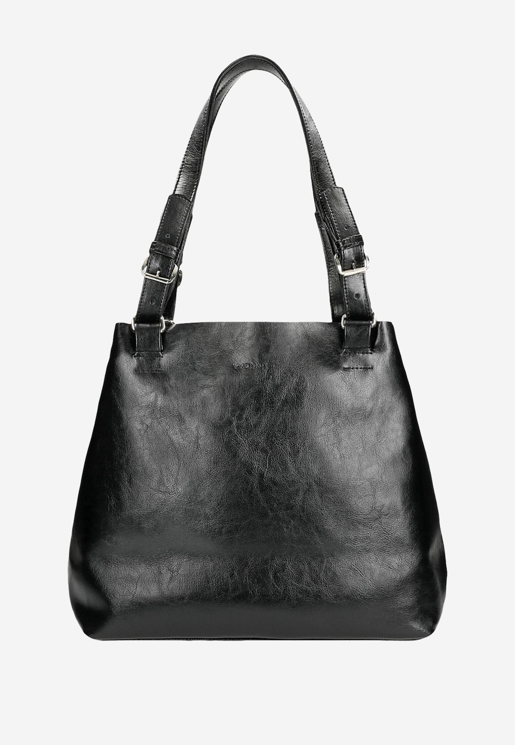 Duża czarna torebka Wojas model 80246-51 z błyszczącej dwoiny foliowanej z regulowanymi uchwytami i metalowymi sprzączkami, ukazana z przodu.