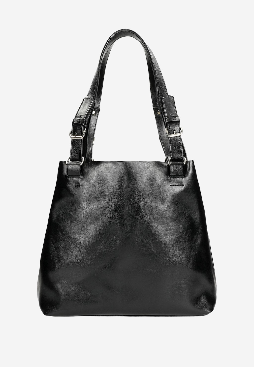 Duża czarna torebka damska Wojas model 80246-51 z błyszczącej dwoiny foliowanej, z regulowanymi uchwytami i metalowymi klamrami.