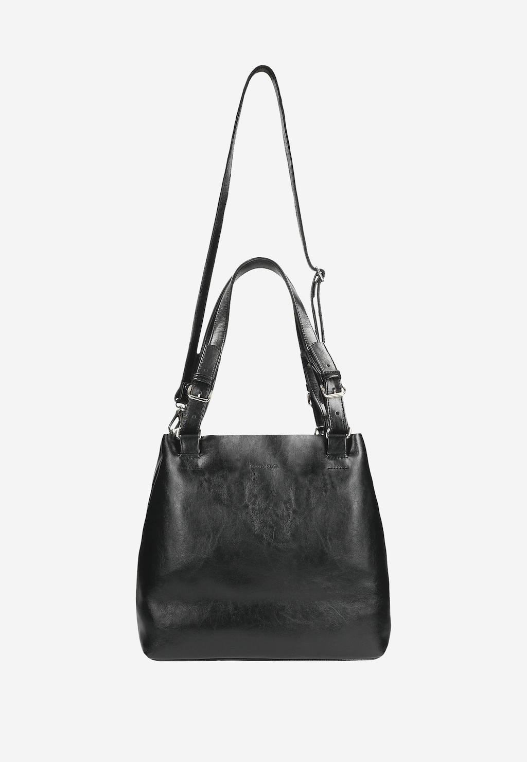 Elegancka czarna torebka Wojas model 80246-51 z dwoiny foliowanej z podwójnymi uchwytami i długim paskiem na ramię, idealna do codziennych stylizacji.