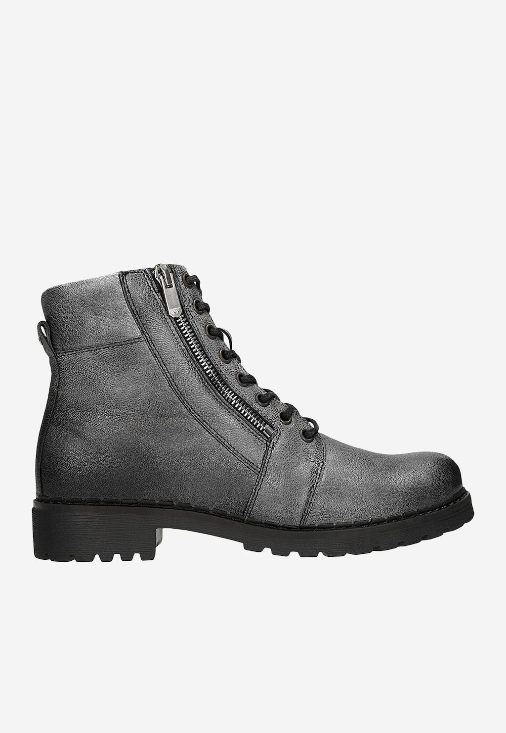 Trzewiki Wojas model 64076-59 w kolorze ciemnego srebra typu workery z bocznym zamkiem błyskawicznym, sznurówkami i masywną podeszwą, widok z boku.