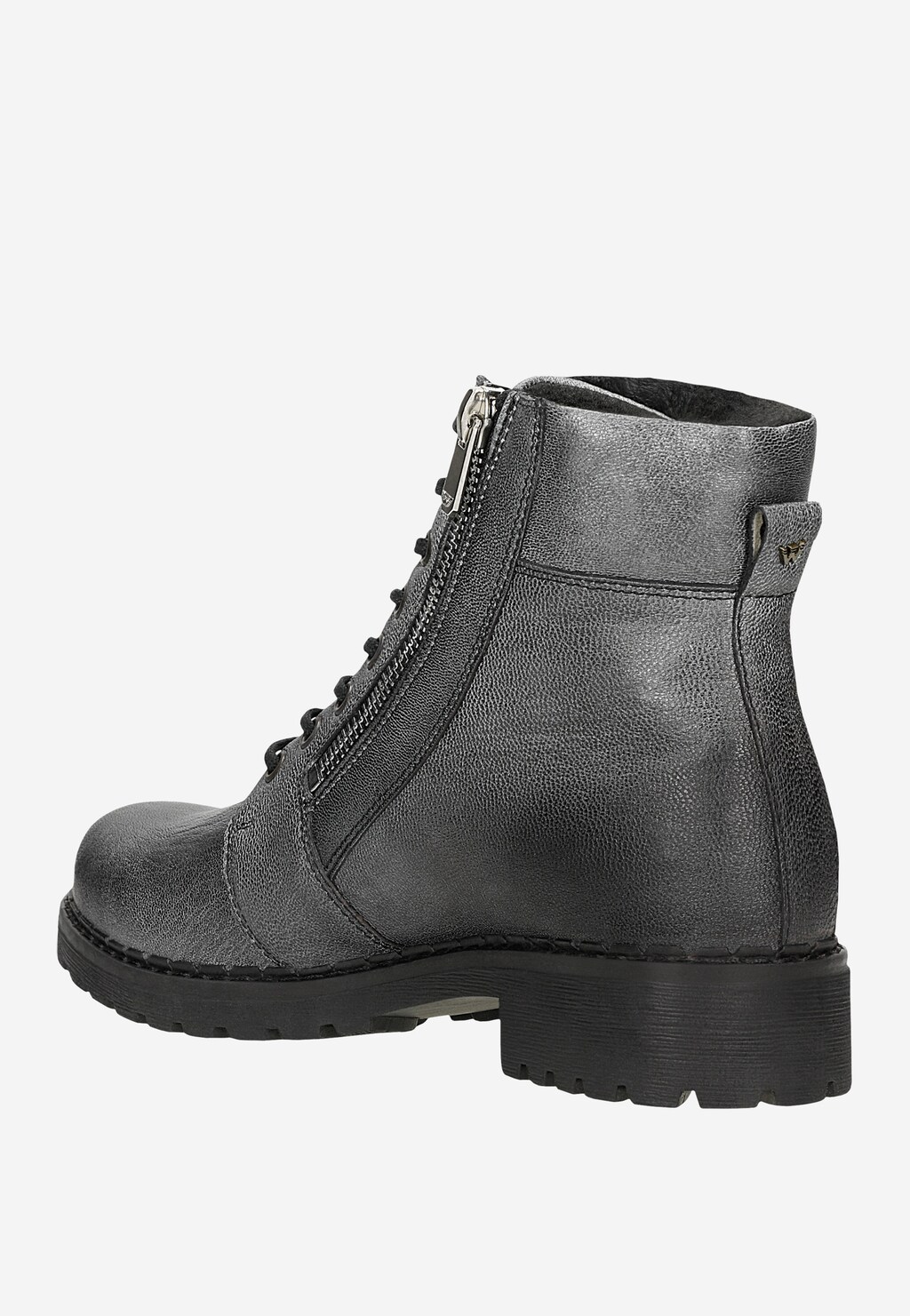 Trzewiki typu workery Wojas 64076-59 w ciemnym srebrze, z boku widoczny zamek błyskawiczny i sznurówki. But ma charakterystyczną grubą podeszwę z protektorem.