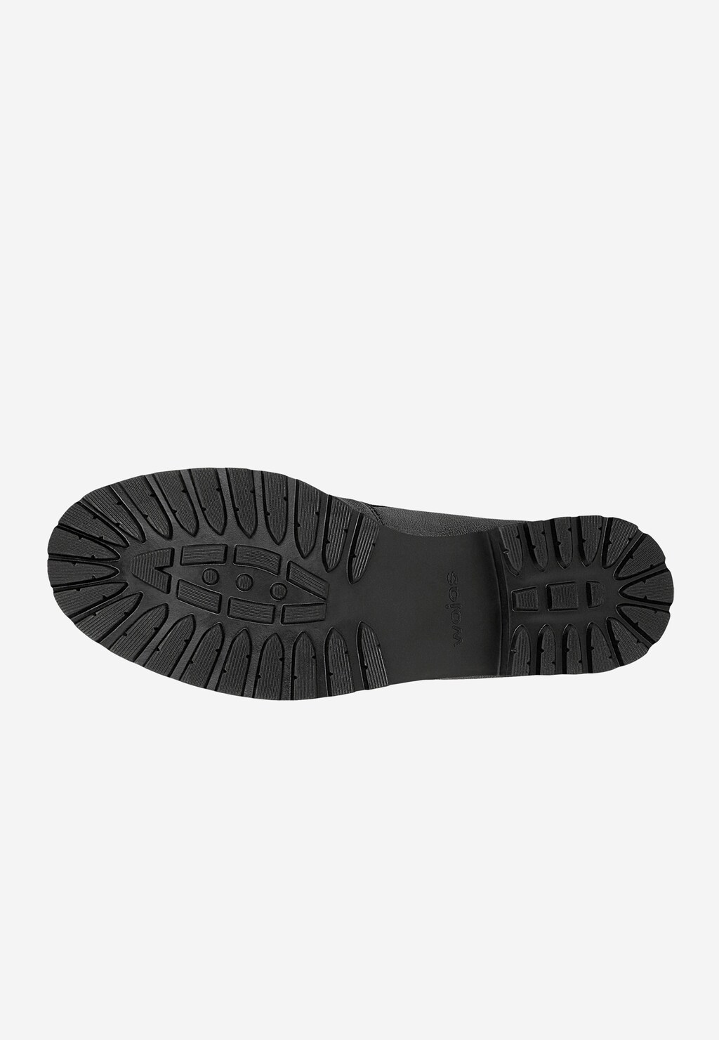 Podeszwa trzewików Wojas model 64076-59 w kolorze ciemnego srebra. Czarna antypoślizgowa podeszwa z wyraźnym bieżnikiem i widocznym logo marki Wojas pośrodku.