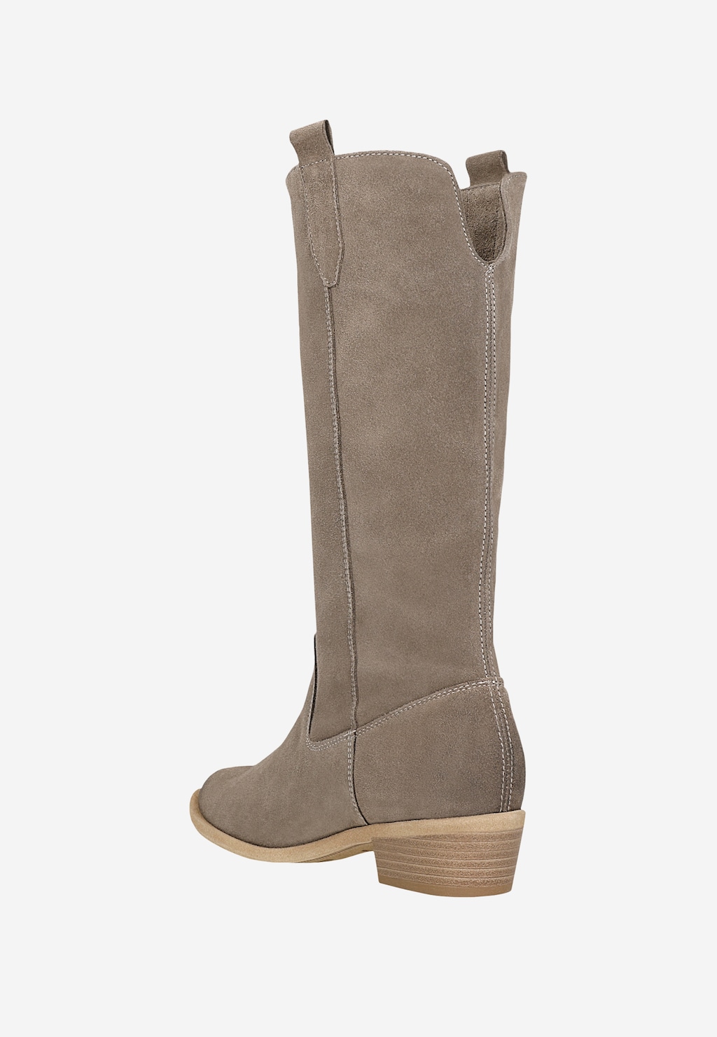 Eleganckie botki damskie Wojas model 55255-64 w ciemnym beżu, wykonane z zamszu, z widocznym przeszyciem, na niewielkim drewnianym obcasie, pokazane z profilu bocznego.