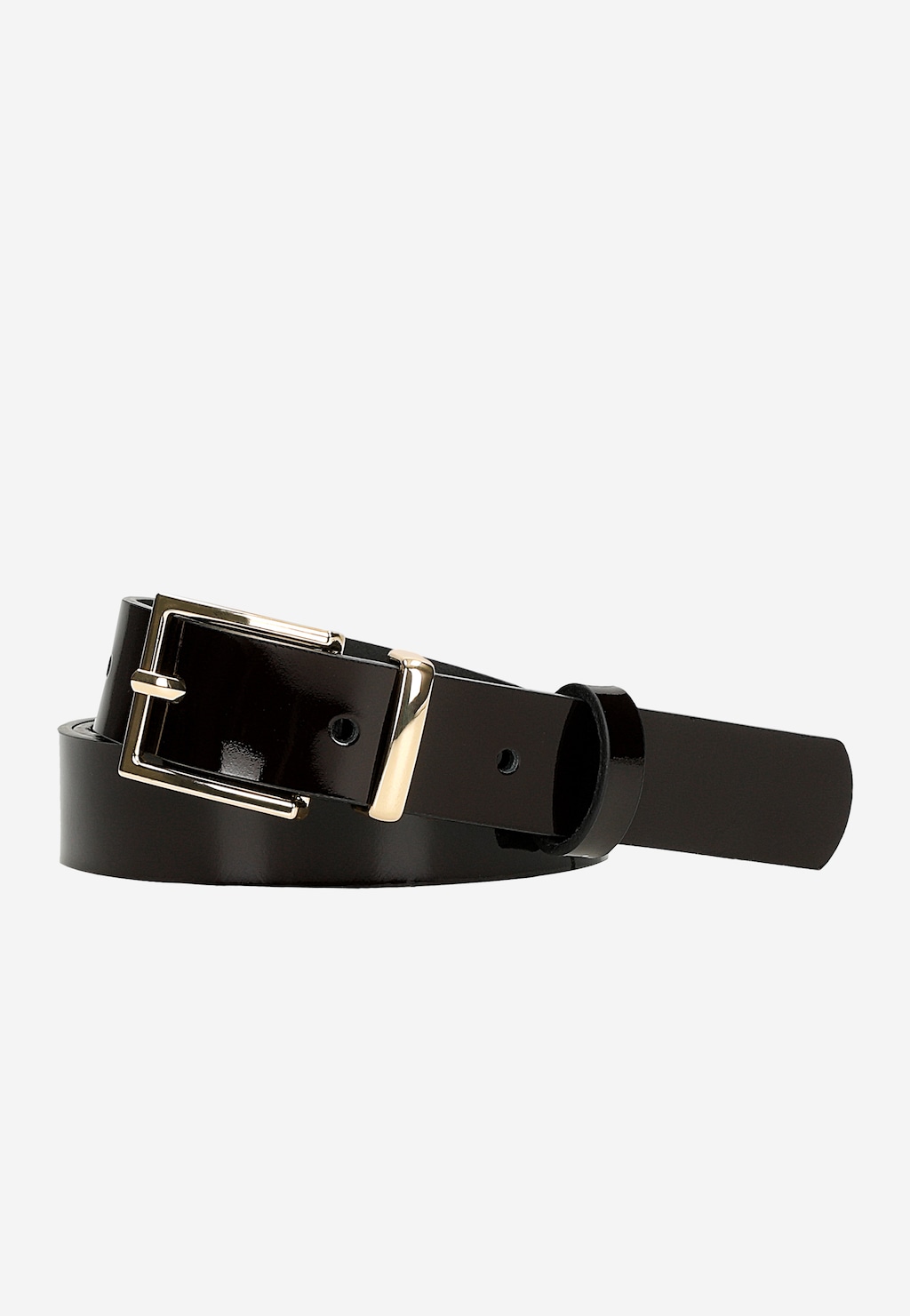 Bordowy lakierowany pasek damski Wojas model 9961-35 z elegancką złotą klamrą. Widok z góry pokazuje błyszczącą strukturę skóry i delikatne otwory regulacyjne.