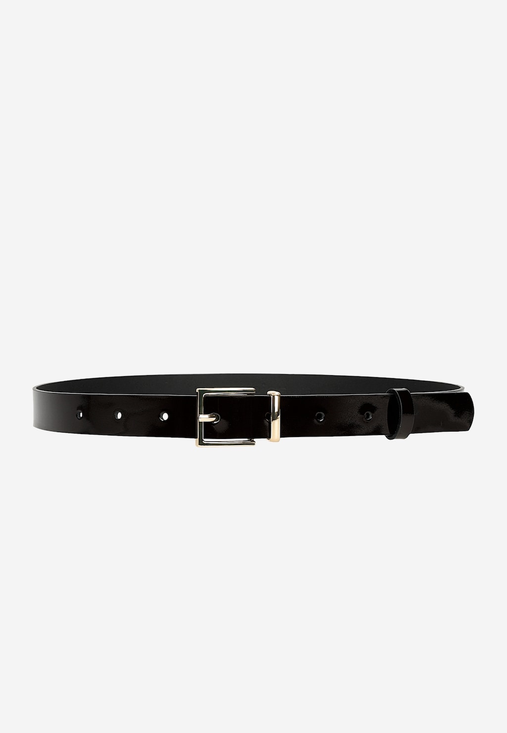 Eleganki czarny lakierowany pasek damski Wojas model 9961-35 ze srebrną klamrą, widoczny z przodu w całej długości. Posiada kilka otworów do regulacji rozmiaru.