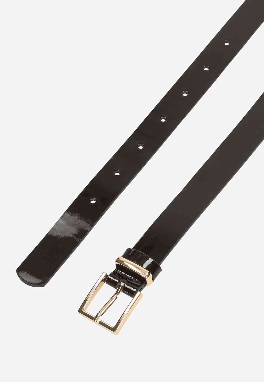 Bordowy lakierowany pasek damski Wojas model 9961-35 ze złotą klamrą, wykonany z połyskującego materiału, z otworami do regulacji długości.