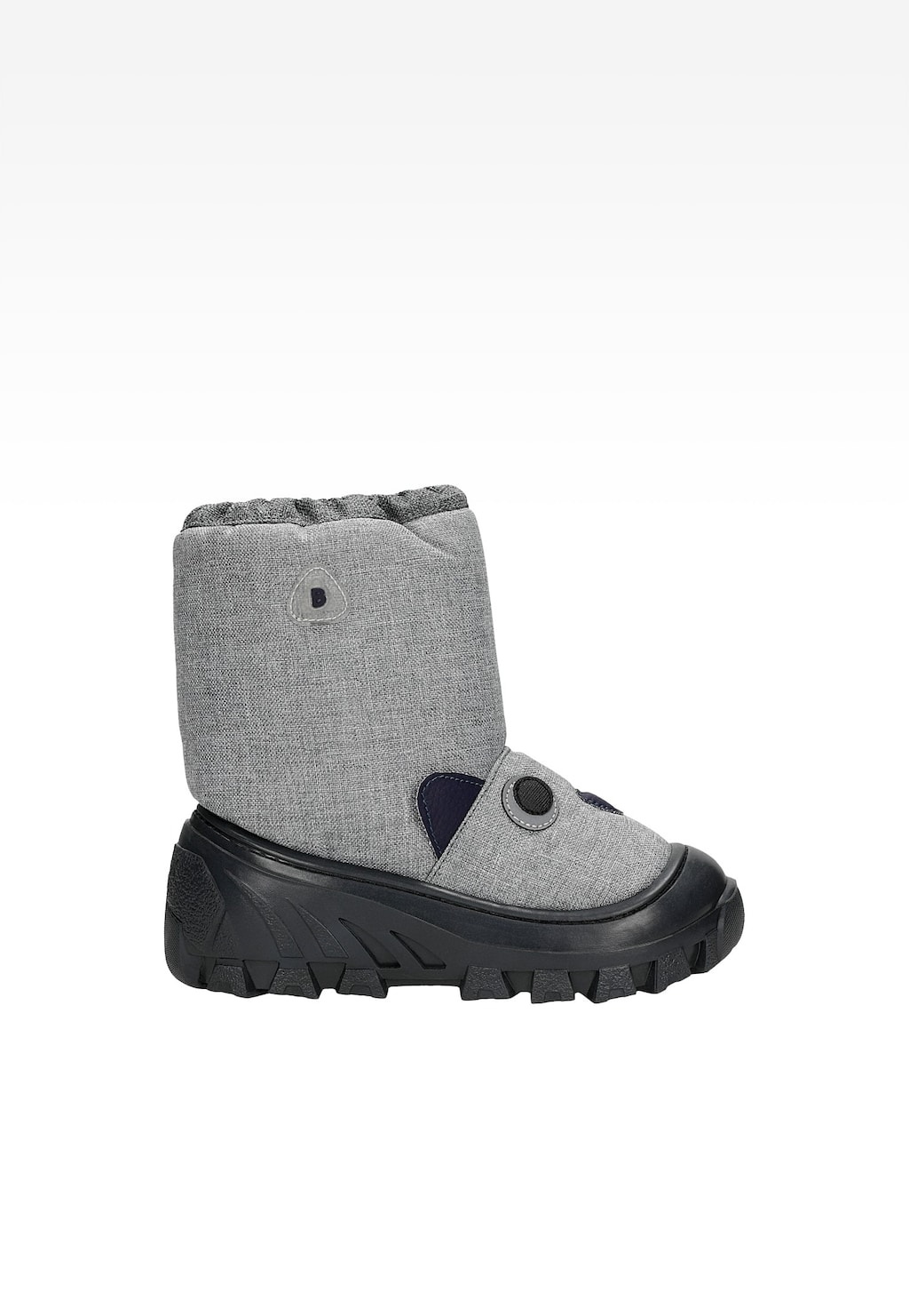 Szare śniegowce dziecięce Bartek 14565005A z ozdobnym motywem misia, z grubą czarną podeszwą antypoślizgową i tekstylną cholewką, widoczne z boku.