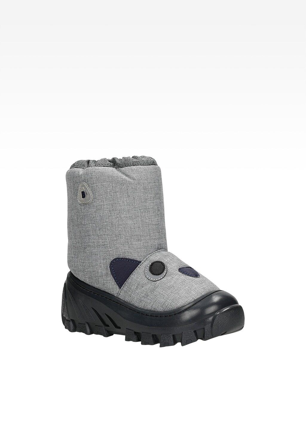 Szare śniegowce dziecięce BARTEK 14565005A z motywem pandy, gumową podeszwą i ochronnym noskiem, idealne na zimowe warunki.