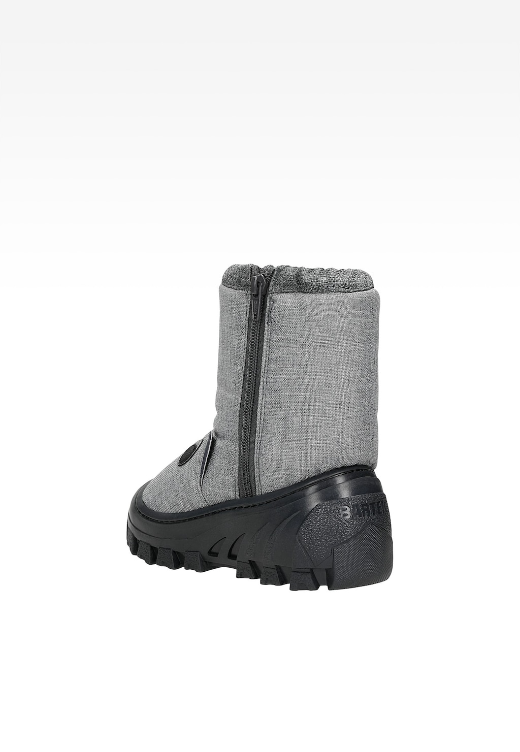 Szare śniegowce dziecięce BARTEK 14565005A z bocznym zamkiem błyskawicznym, wysoką cholewką tekstylną i grubą, profilowaną podeszwą zapewniającą stabilność na śniegu.