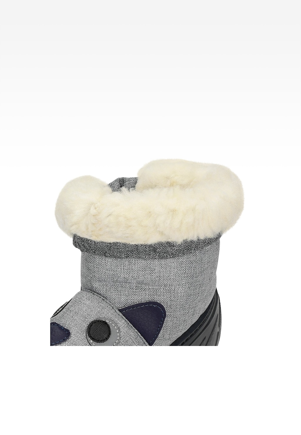 Szare śniegowce dziecięce Bartek 14565005A z puszystym białym kołnierzem, materiałową cholewką i ozdobnymi elementami w ciemniejszym kolorze, idealne na zimę.