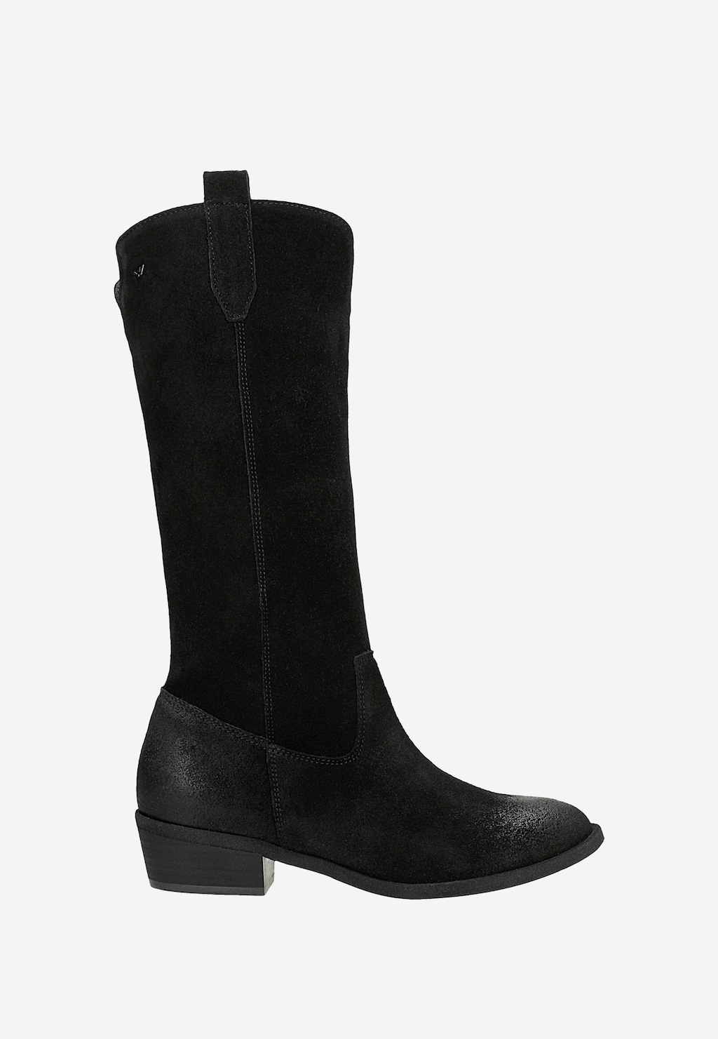 Elegancki czarny wysoki botek damski Wojas 55255-61 z dwoiny welurowej, widok z boku, na niskim obcasie, z charakterystycznym przeszyciem i wstawką w górnej części.