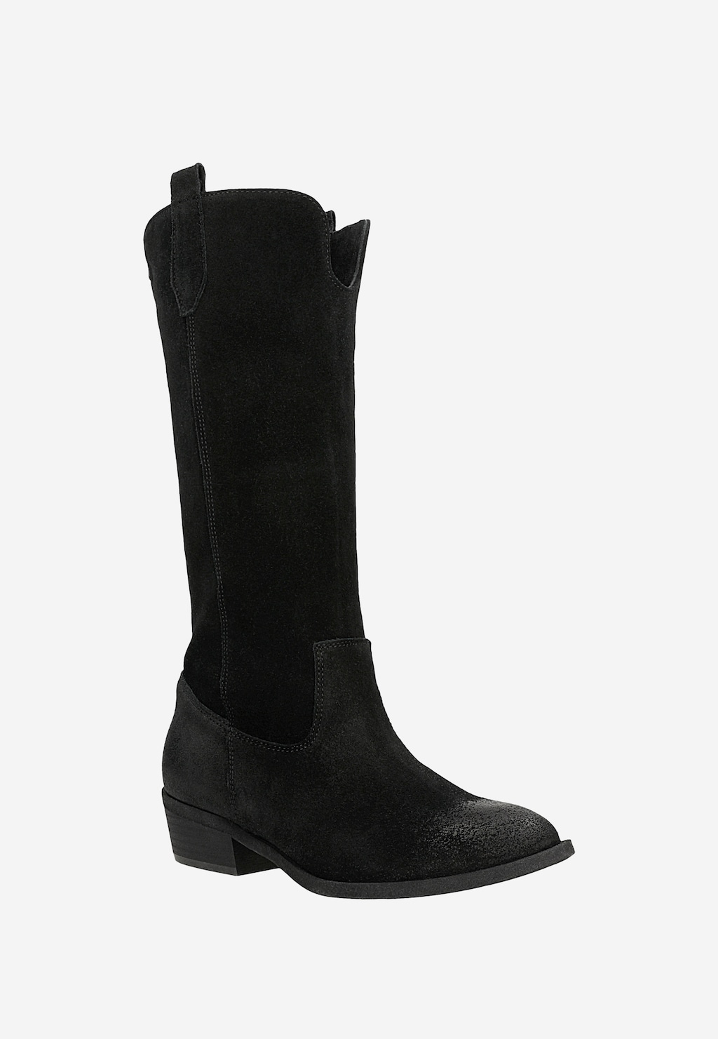 Czarne wysokie botki damskie Wojas 55255-61 z dwoiny welurowej w stylu kowbojskim, z widoczną teksturą zamszu, na niskim obcasie, sfotografowane z boku.