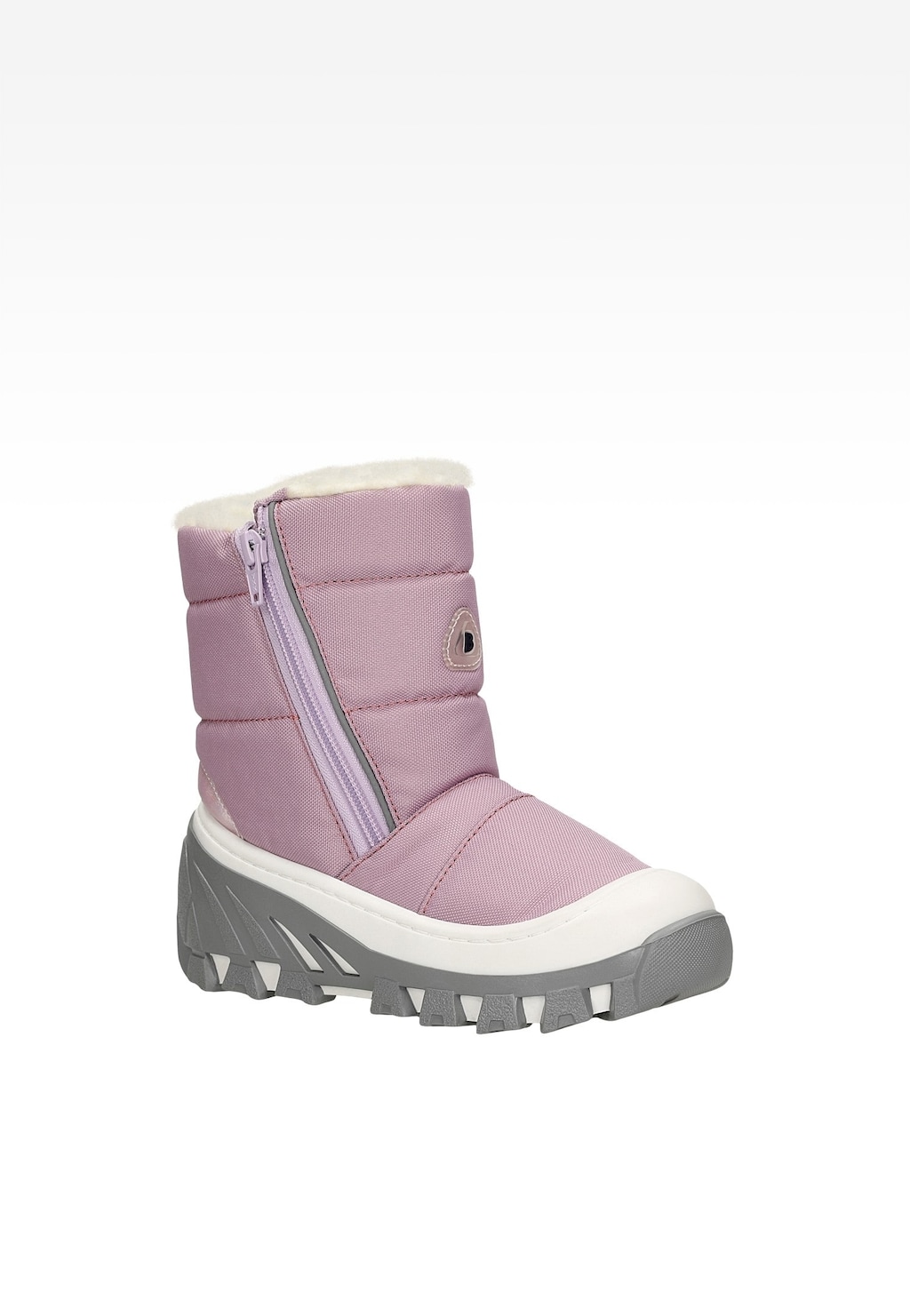 Fioletowy śniegowiec dziecięcy Bartek 11625002 z futrzanym kołnierzem, bocznym zamkiem błyskawicznym, szarą podeszwą z protektorem i białymi wykończeniami, idealny na zimowe warunki.